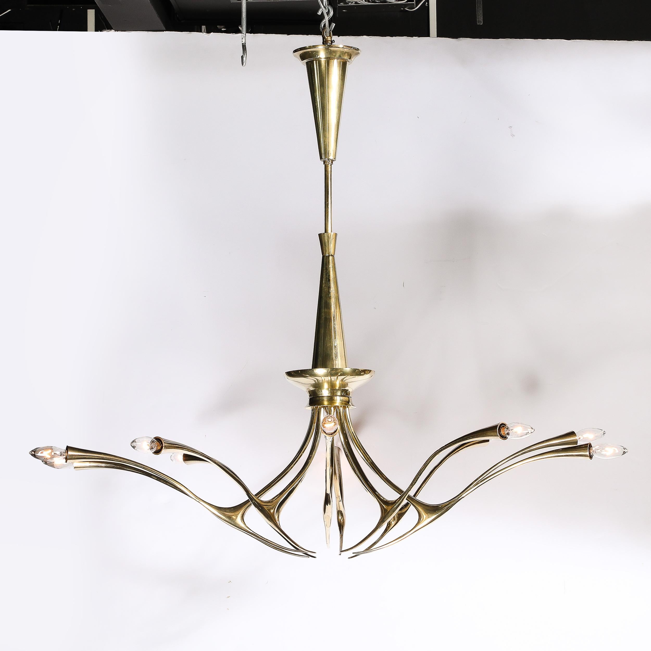 Mid-Century Modernist 10 Arm Sculptural Brass Chandelier by Oscar Torlasco, Lumi In Excellent Condition In New York, NY