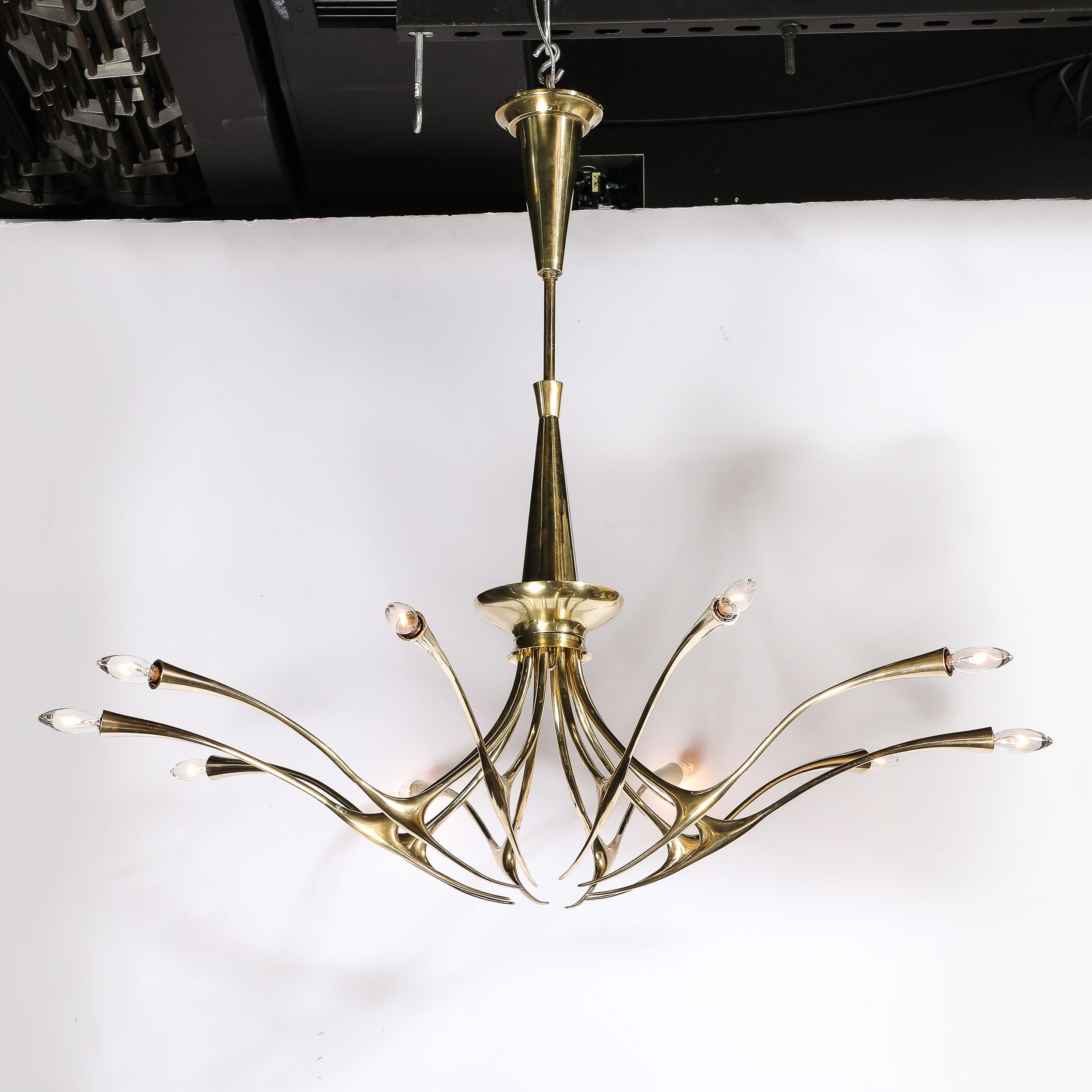 Mid-Century Modernist 10 Arm Sculptural Brass Chandelier by Oscar Torlasco, Lumi 1