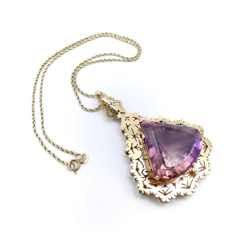 Trillion Cut Mid-Century Modernist 14K Gold Amethyst Pendant Necklace For Sale