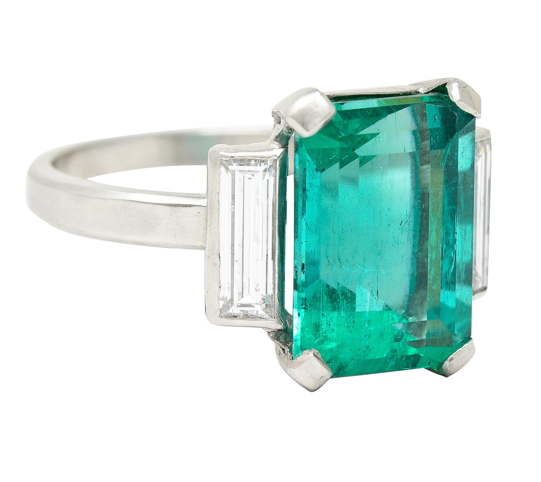 Emerald Cut Mid-Century Modernist 6.88 Carats Columbian Emerald Baguette Cut Diamond Platinu