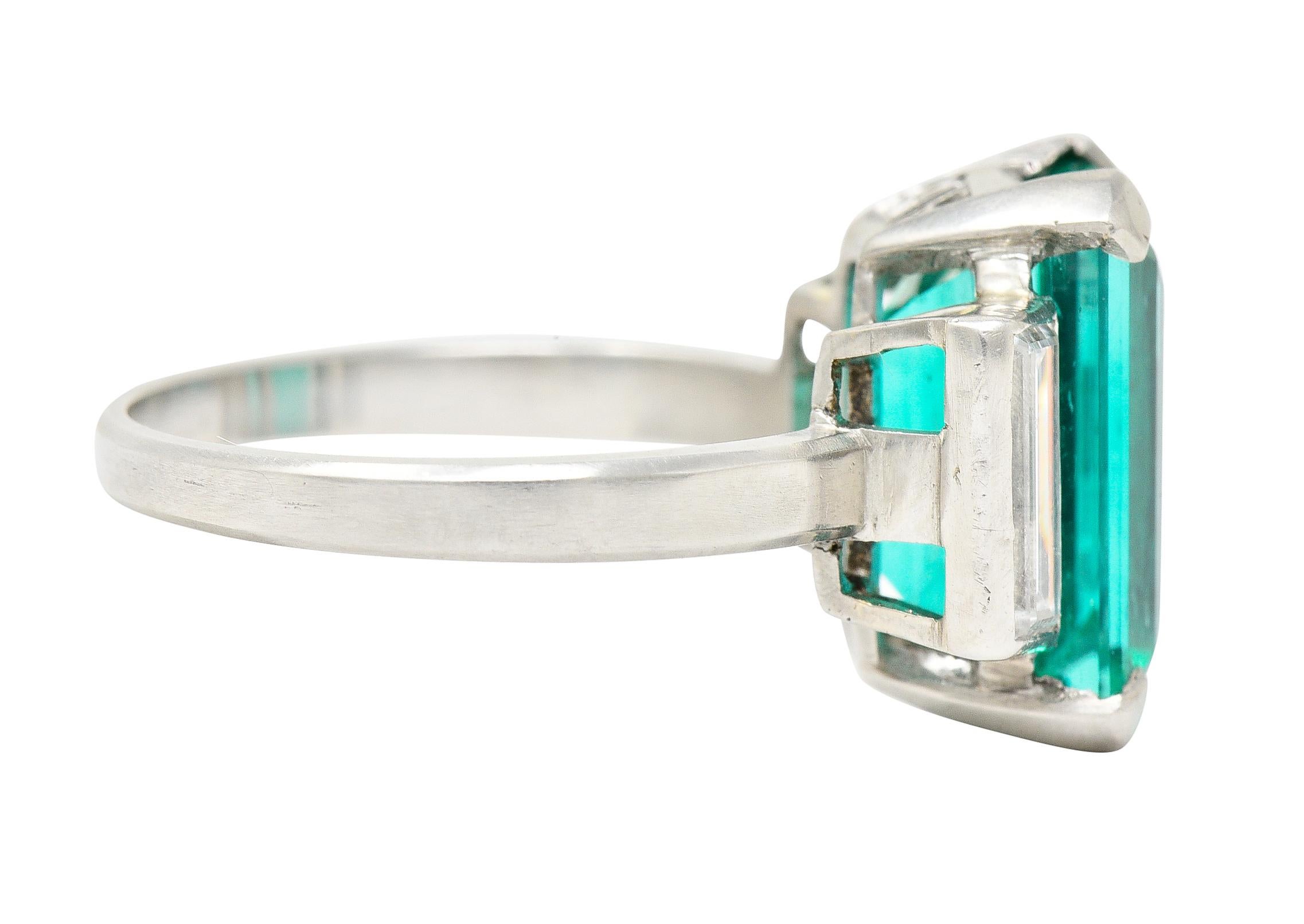 Mid-Century Modernist 6.88 Carats Columbian Emerald Baguette Cut Diamond Platinu In Excellent Condition In Philadelphia, PA