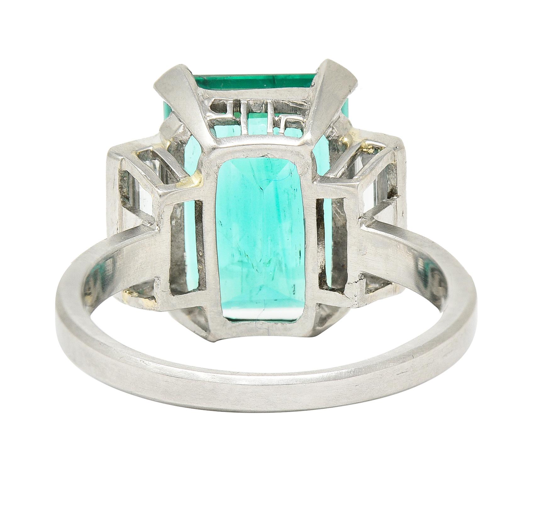 Women's or Men's Mid-Century Modernist 6.88 Carats Columbian Emerald Baguette Cut Diamond Platinu