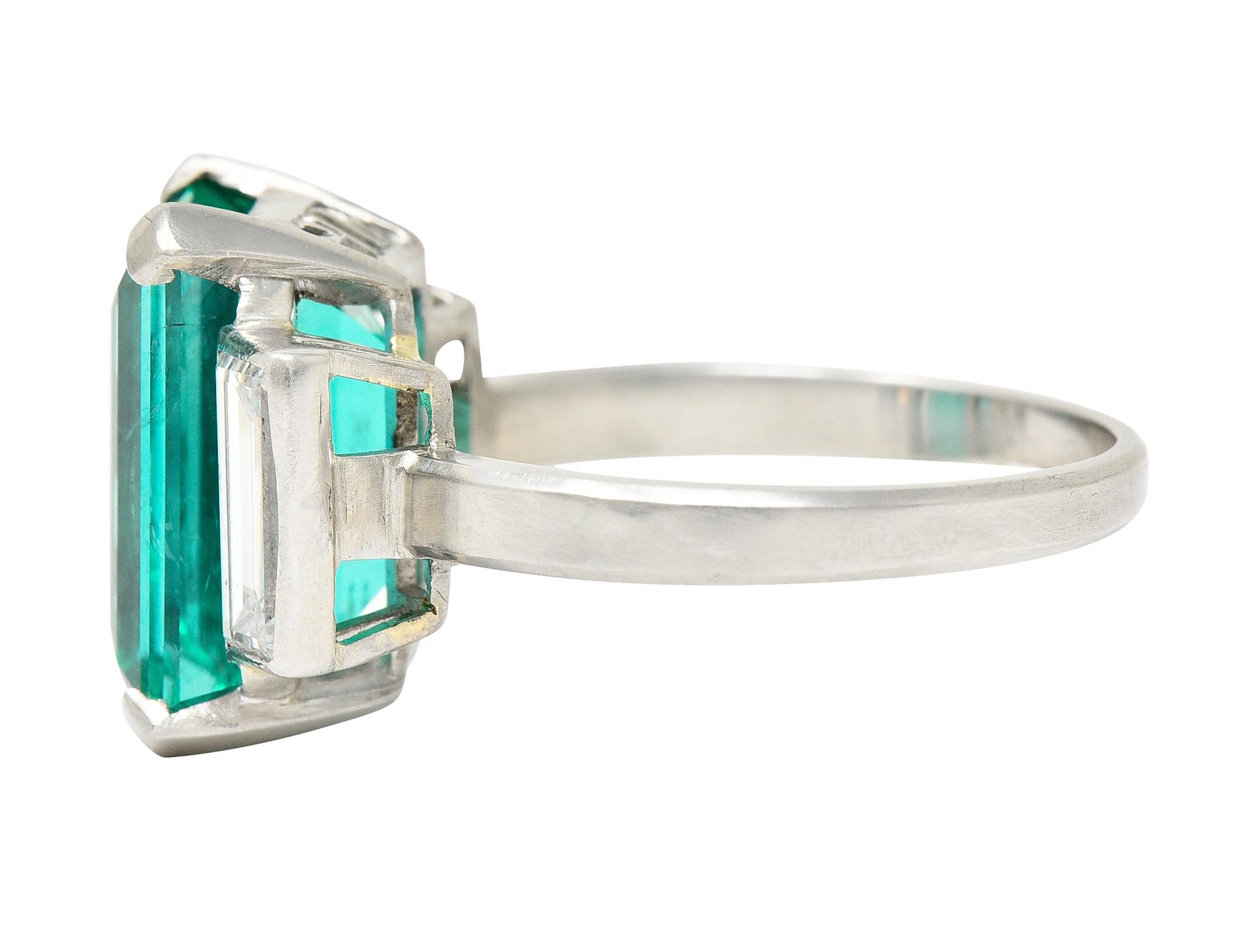 Mid-Century Modernist 6.88 Carats Columbian Emerald Baguette Cut Diamond Platinu 1
