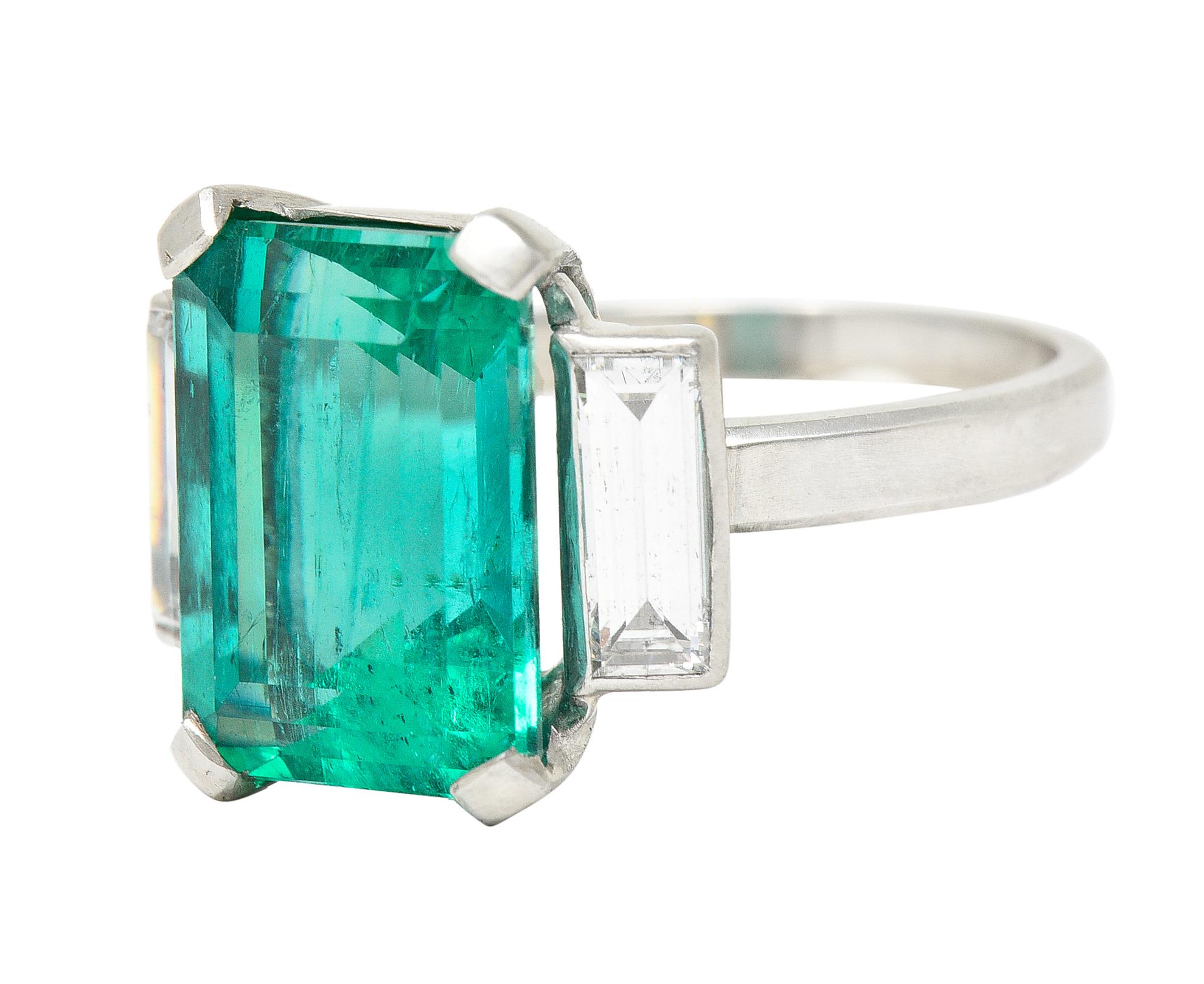 Mid-Century Modernist 6.88 Carats Columbian Emerald Baguette Cut Diamond Platinu 2