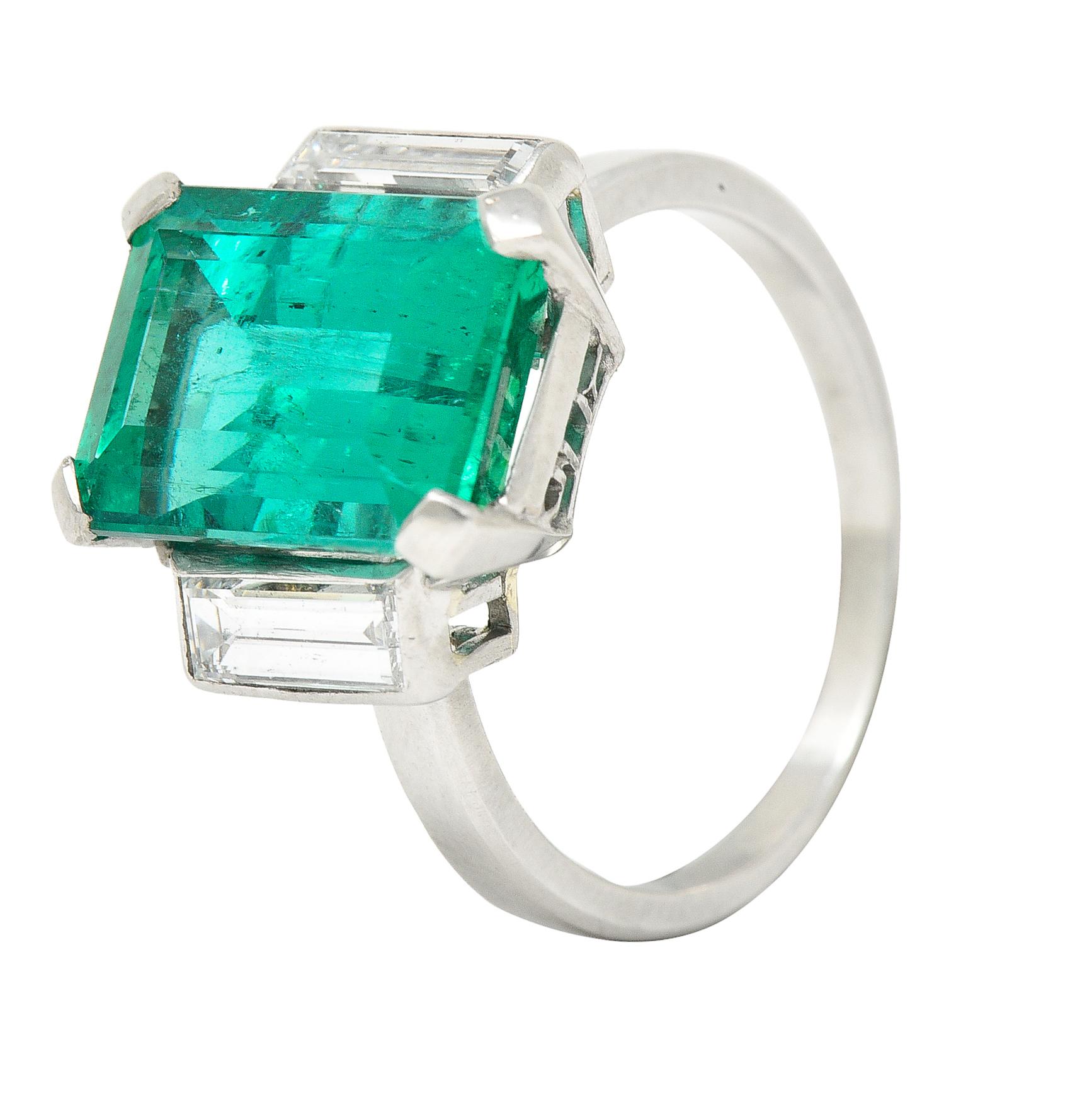 Mid-Century Modernist 6.88 Carats Columbian Emerald Baguette Cut Diamond Platinu 3