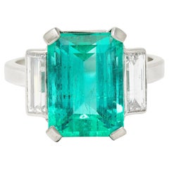 Mid-Century Modernist 6.88 Carats Columbian Emerald Baguette Cut Diamond Platinu