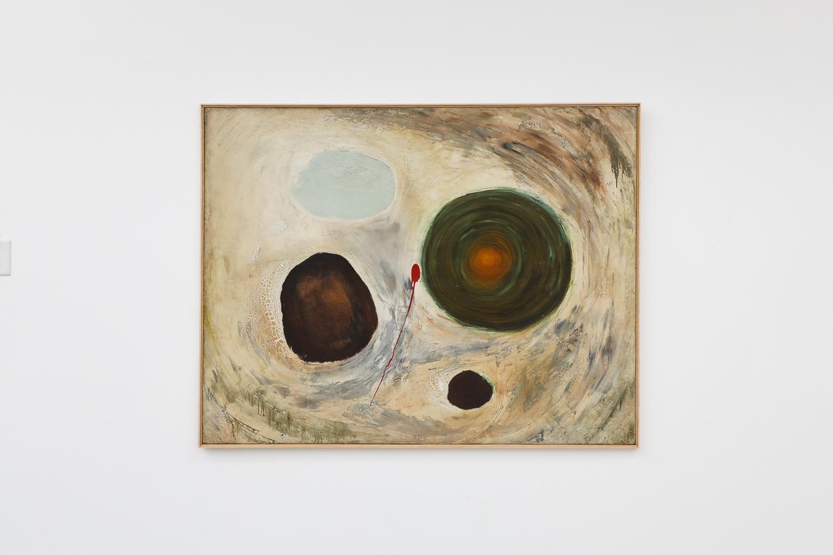 Mid-Century Modernist abstract acrylic painting featuring whimsical, organic cellular-like forms interacting on on a dynamic swirling ground. The overall style is playful yet serious, reminiscent of modern painters such as Paul Klee, Joan Miró or
