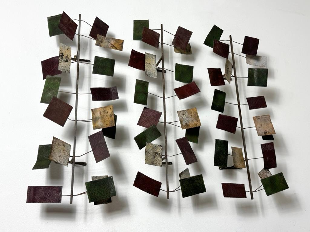 Mid Century Modern Abstract Brutalist Metal 3 Piece Wall Hanging Sculpture For Sale 1