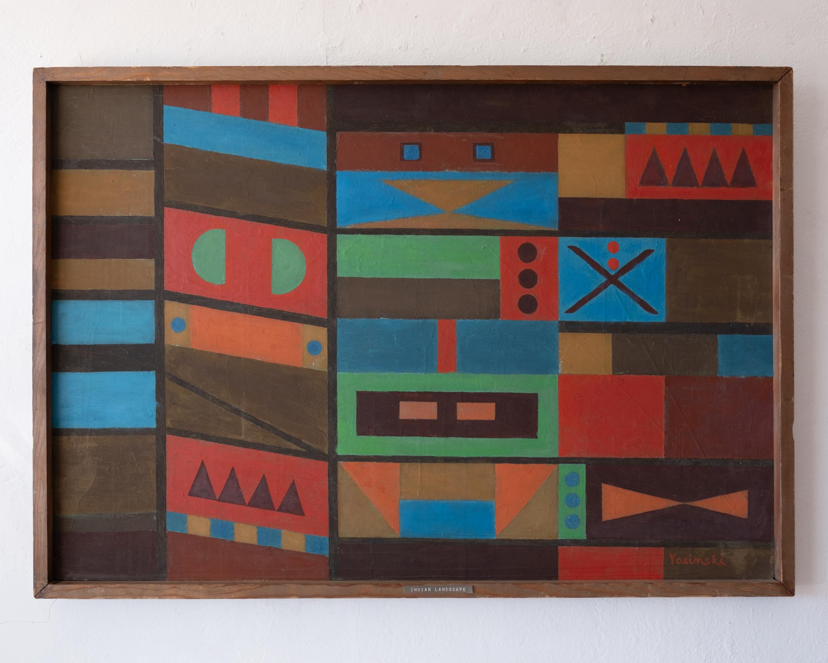 Quadro di arte popolare astratta modernista degli anni '50. Dipinto su tavola di masonite con cornice realizzata dall'artista. Il titolo è Paesaggio indiano. Firmato sul fronte. 

Dimensioni: 39