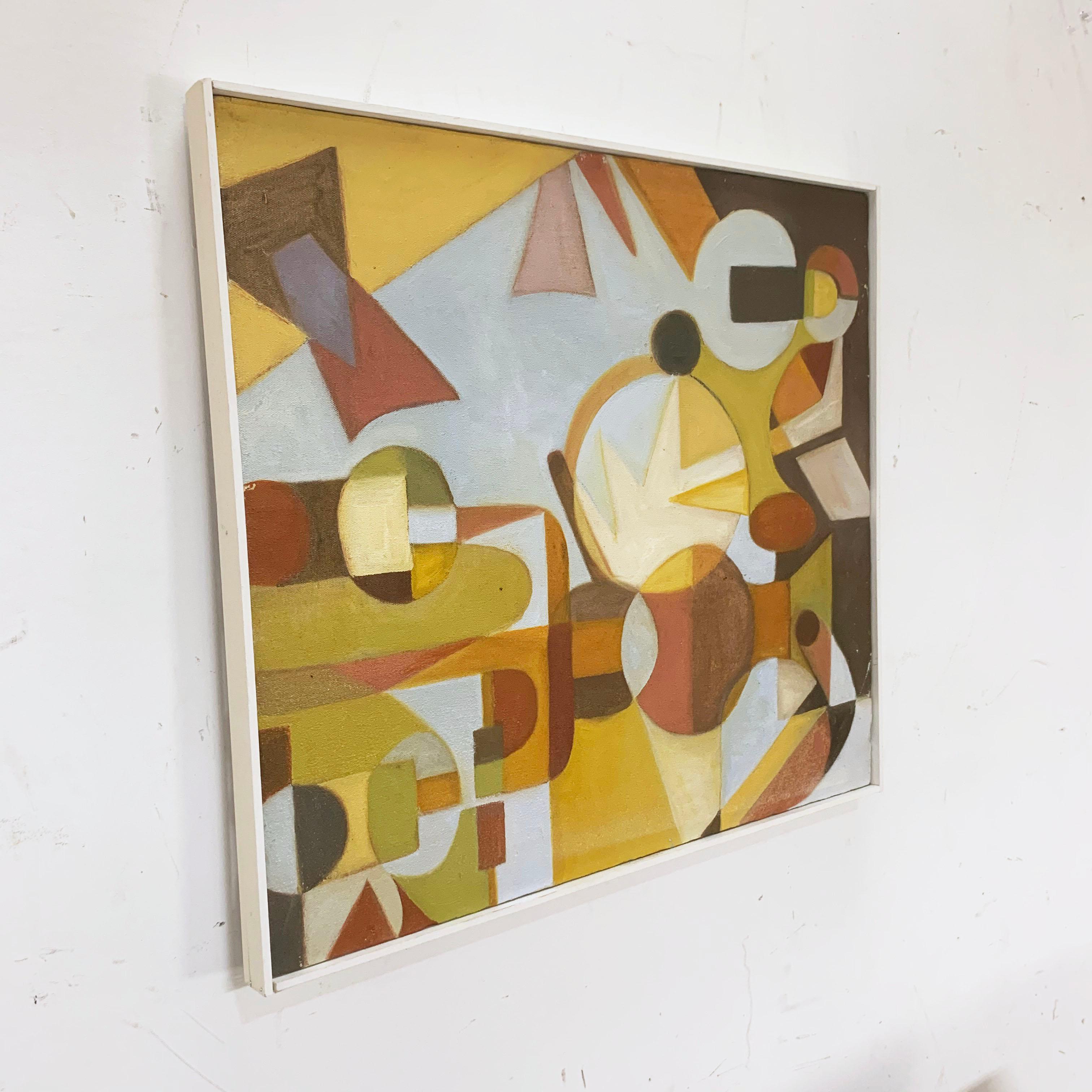 A vintage abstract geometric oil on canvas, dated 1978 by Boston area artist Denise Schwartz.