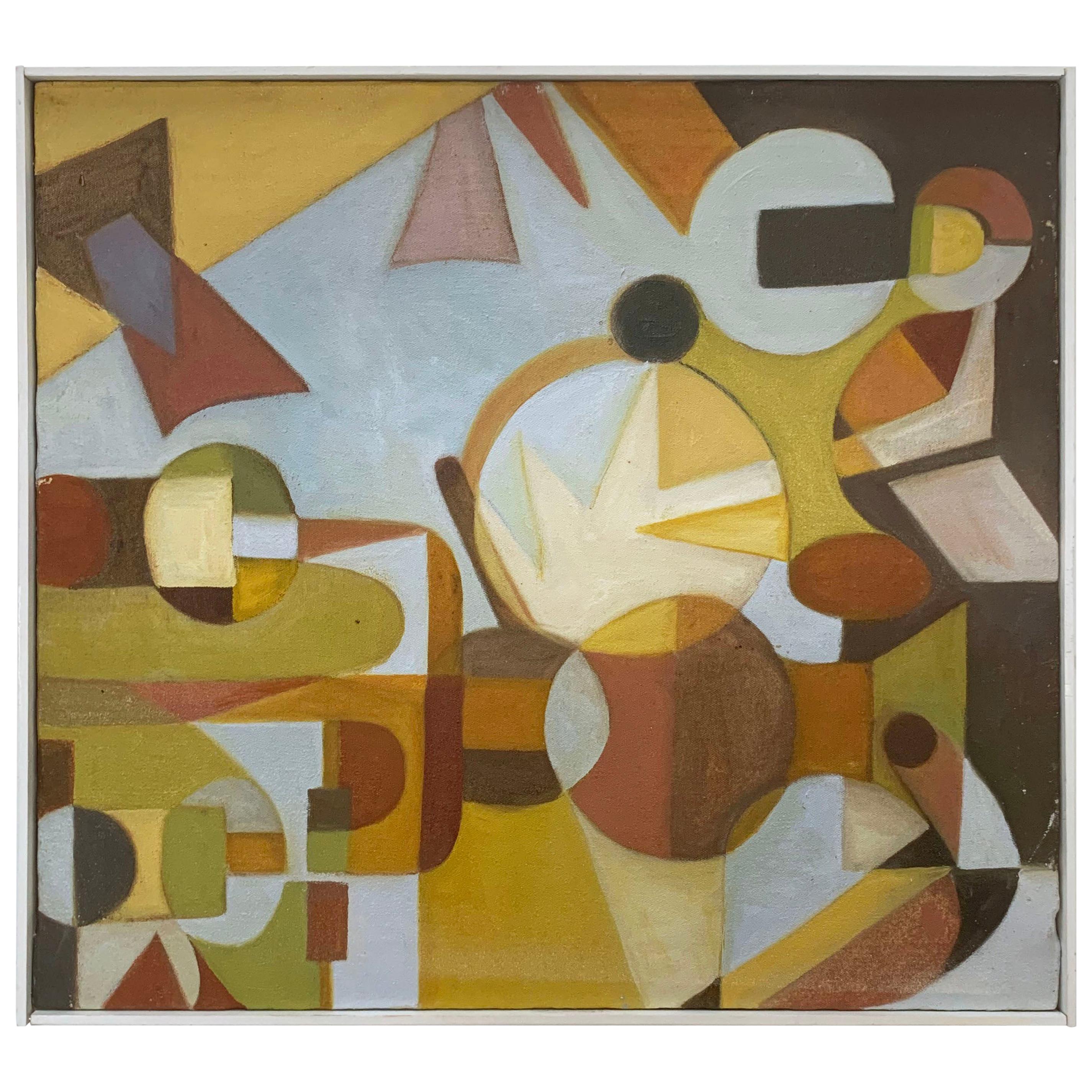 Mid-Century Modernist Abstract Geometric Oil Signed Denise Schwartz, d. 1978