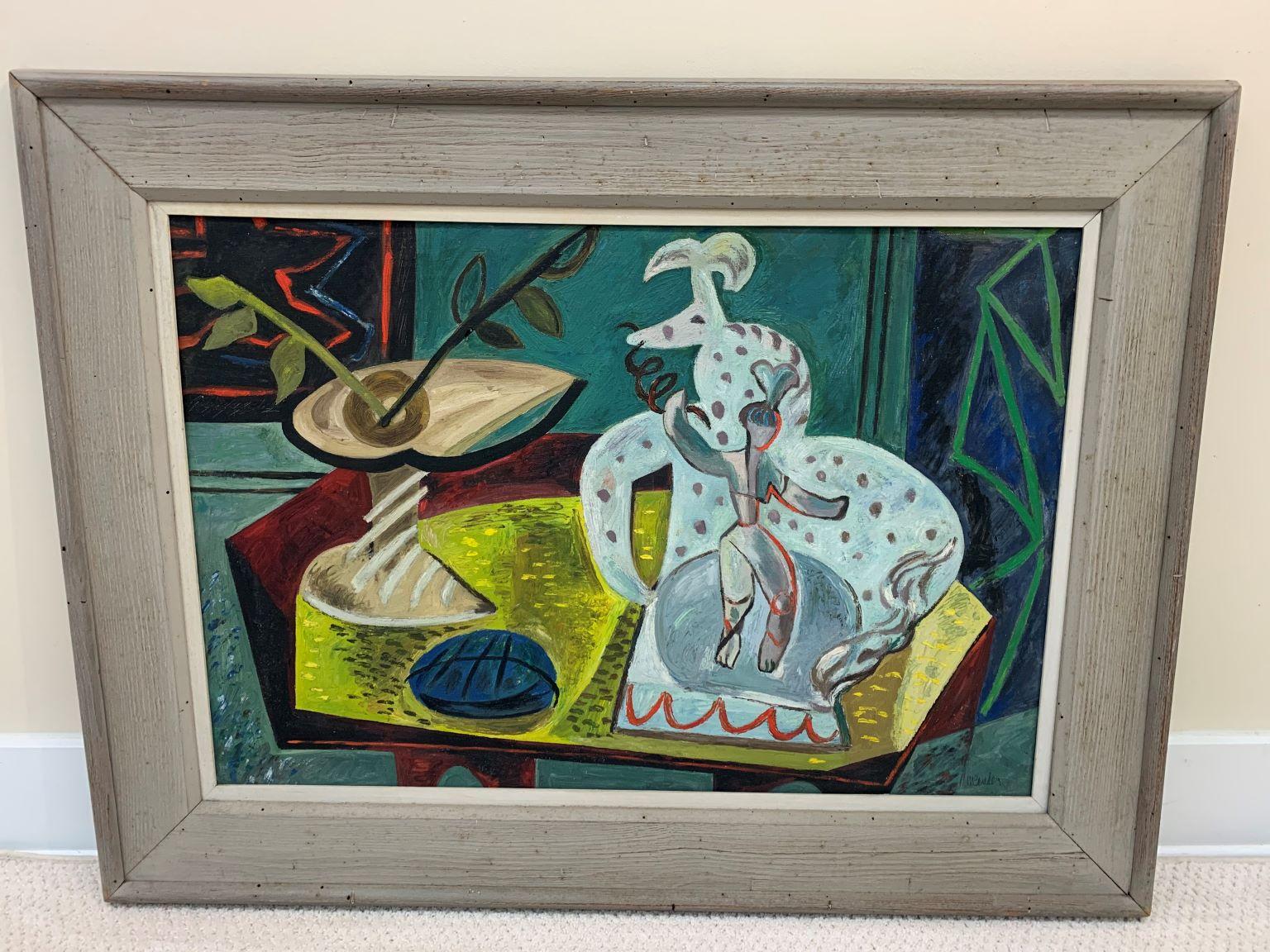 Early May Bender oil on canvas painting. Modernist abstract still life with dancing figure and vase. Signed on back and dated 1940 in original gray ceruse oak frame. Bender has had numerous solo exhibitions including Educational Testing Service,