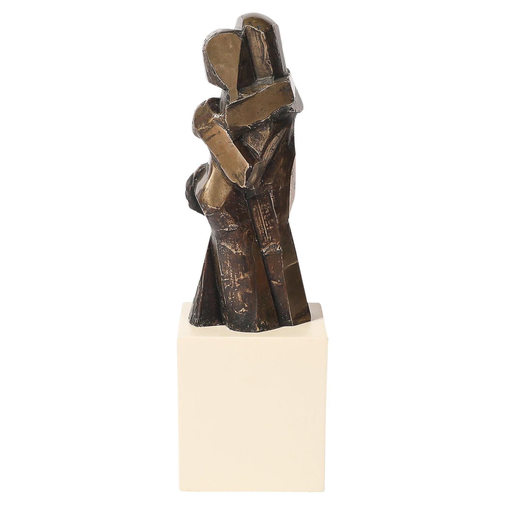 Mid-Century Modernist Abstracted Figural Bronze Sculpture of an Embracing Couple For Sale
