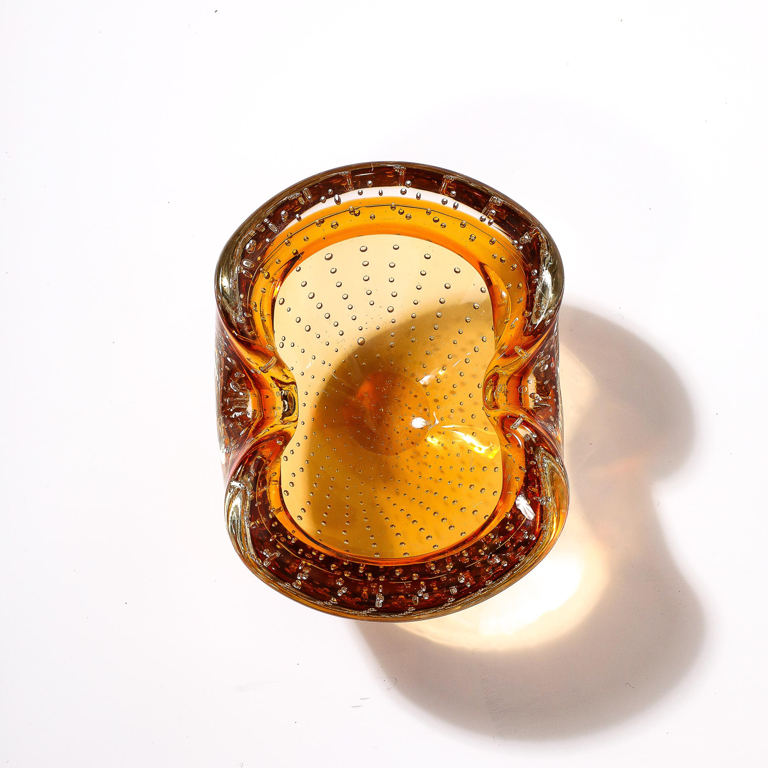 Mid-Century Modernist Amber Hand-Blown Murano Glass Dish w/ Bullicante Detailing For Sale 5