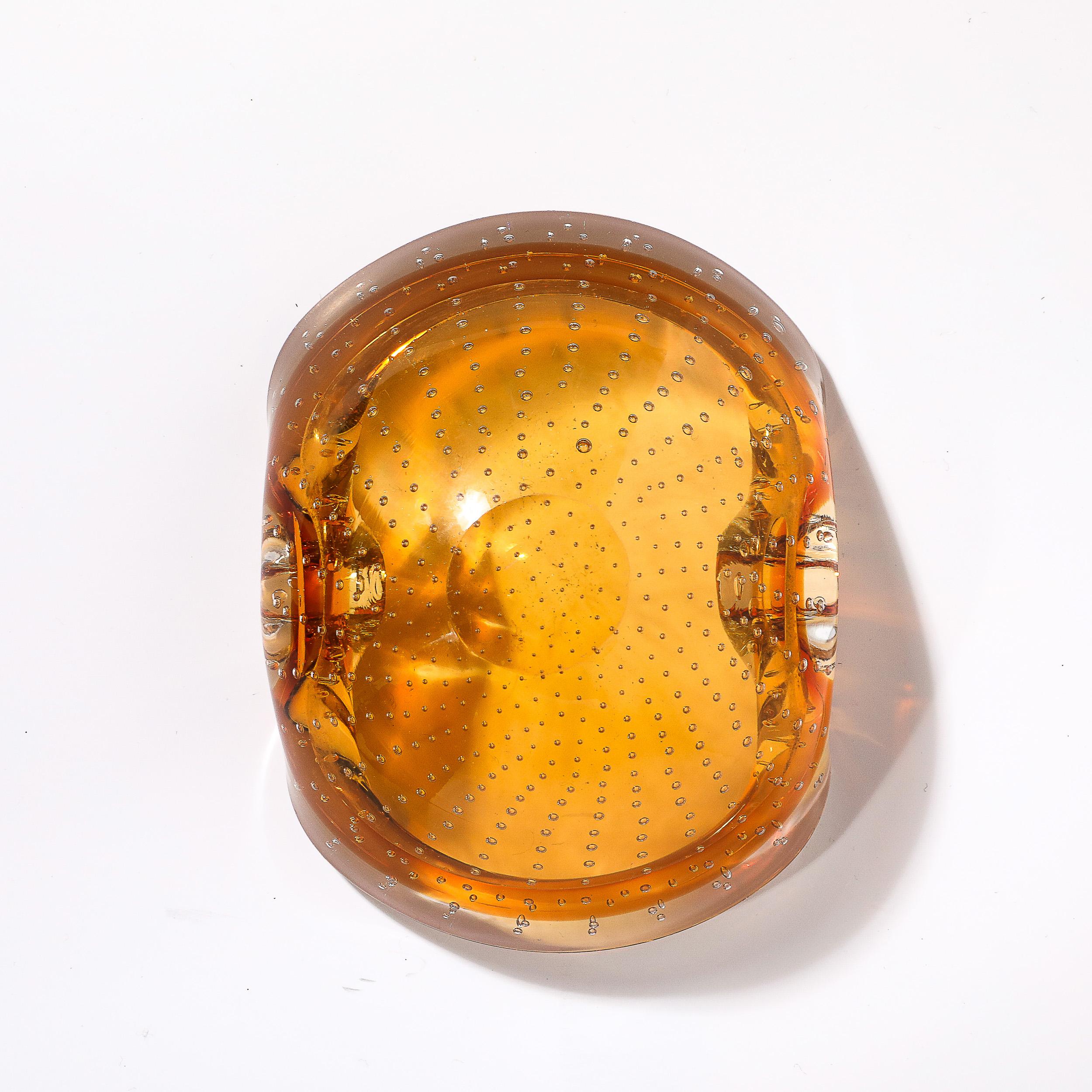 Mid-Century Modernist Amber Hand-Blown Murano Glass Dish w/ Bullicante Detailing For Sale 7