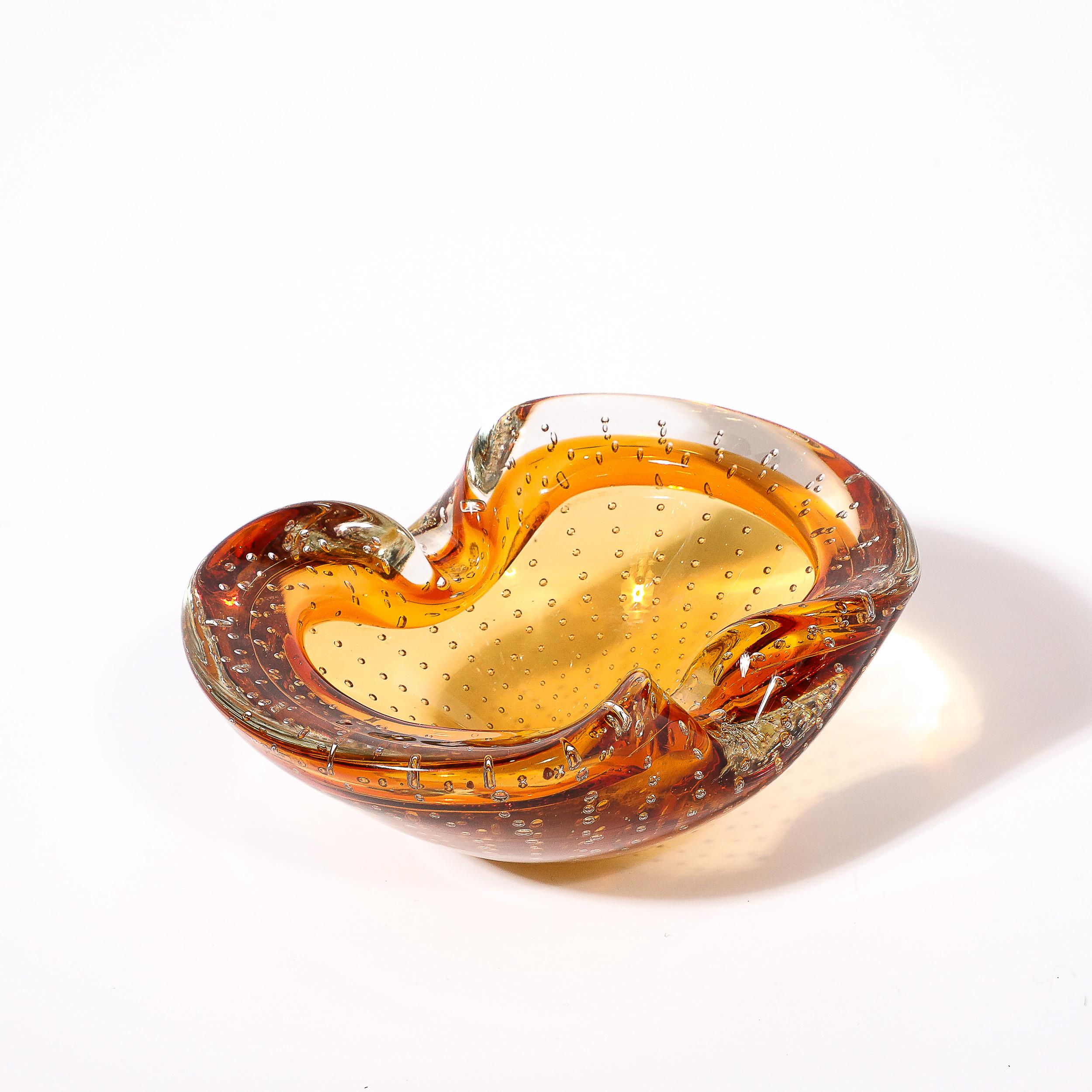 Mid-Century Modernist Amber Hand-Blown Murano Glass Dish w/ Bullicante Detailing For Sale 11