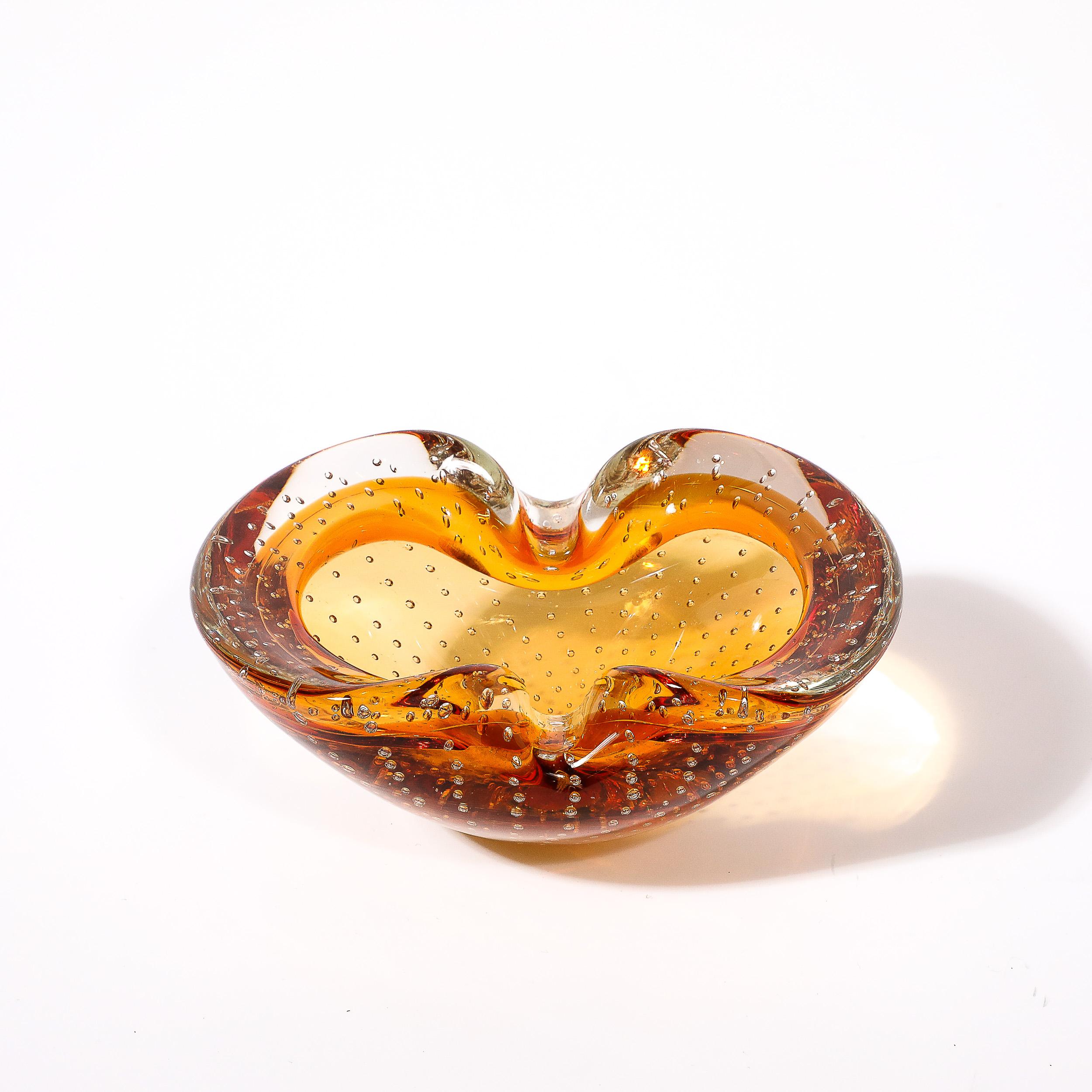 Mid-Century Modernist Amber Hand-Blown Murano Glass Dish w/ Bullicante Detailing For Sale 12