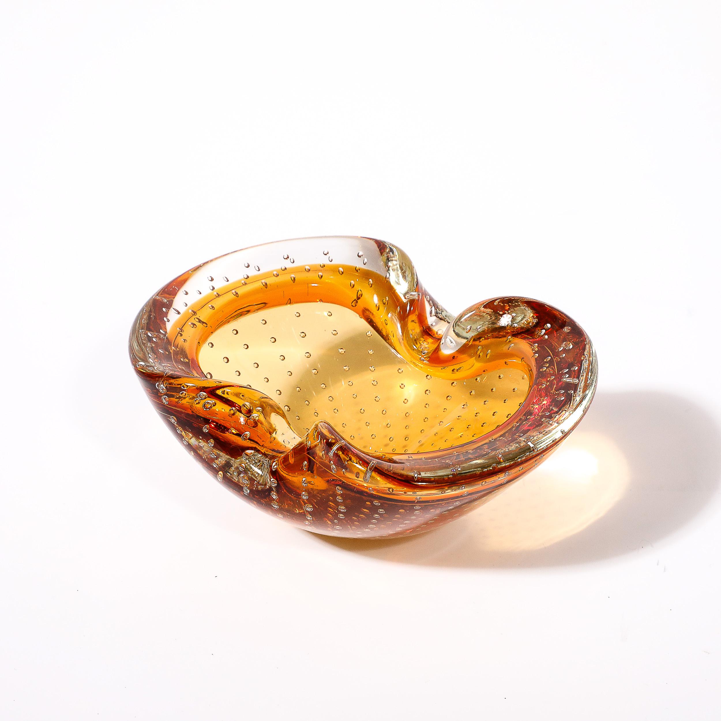 Mid-Century Modernist Amber Hand-Blown Murano Glass Dish w/ Bullicante Detailing For Sale 13