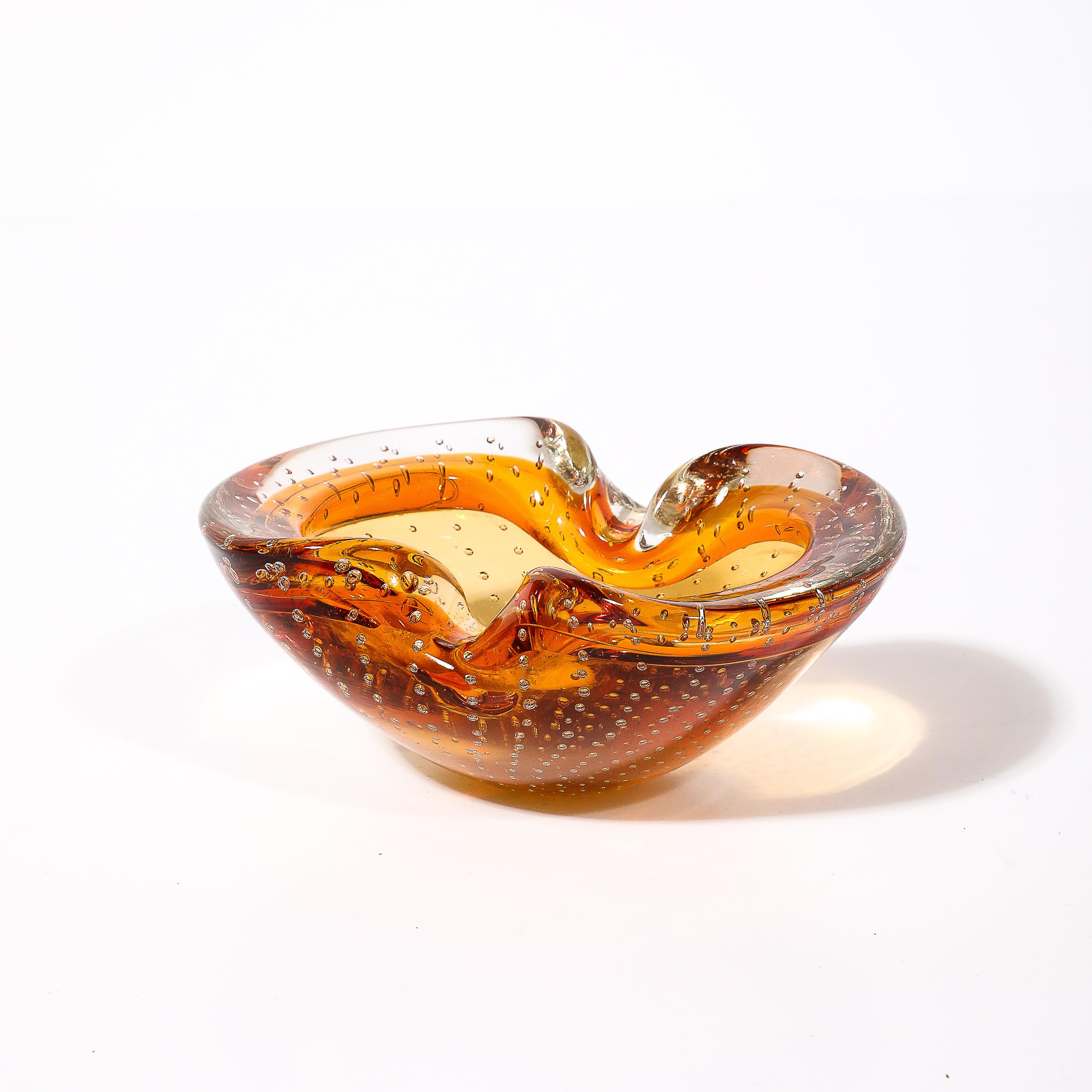 Mid-Century Modernist Amber Hand-Blown Murano Glass Dish w/ Bullicante Detailing For Sale 14