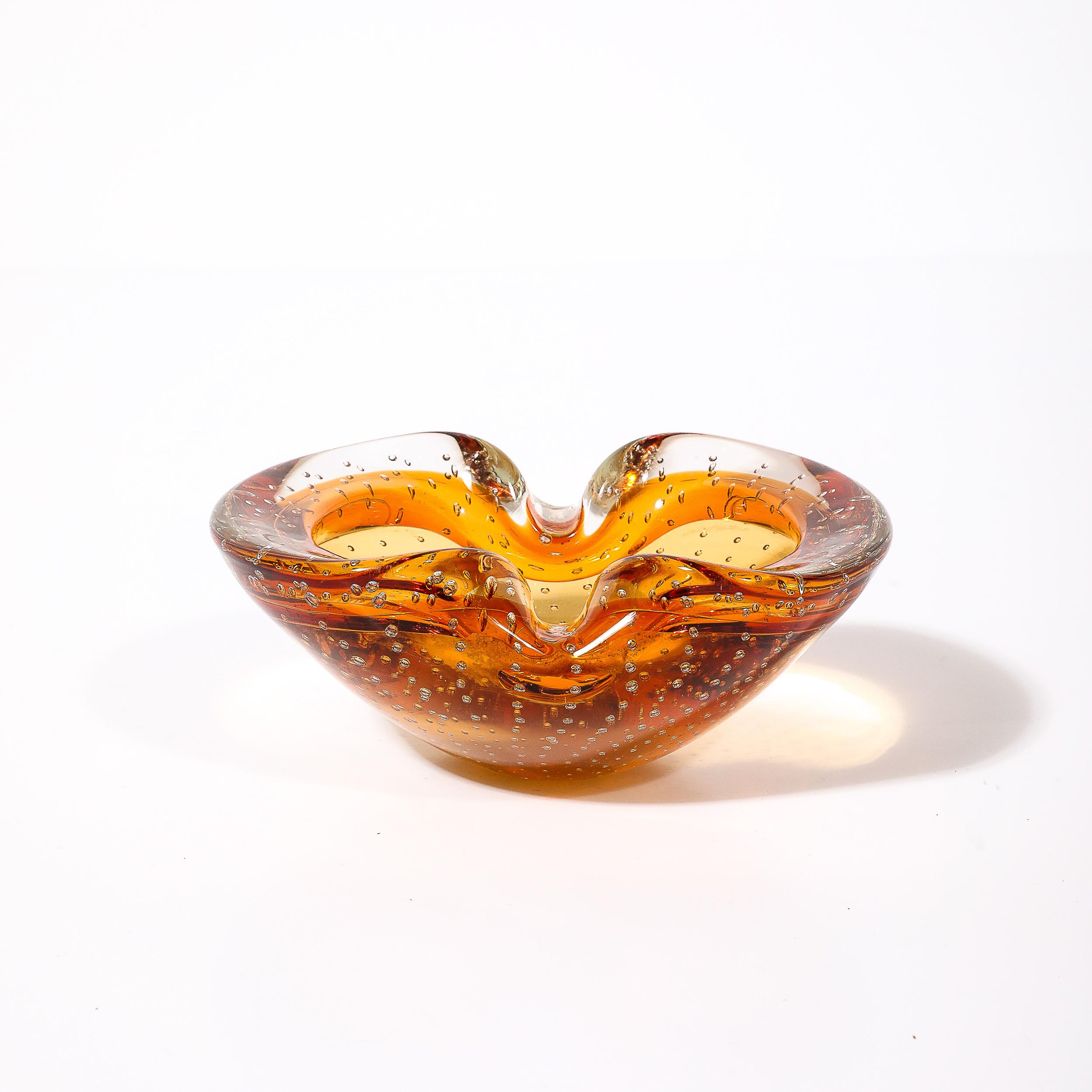Mid-Century Modernist Amber Hand-Blown Murano Glass Dish w/ Bullicante Detailing For Sale 15