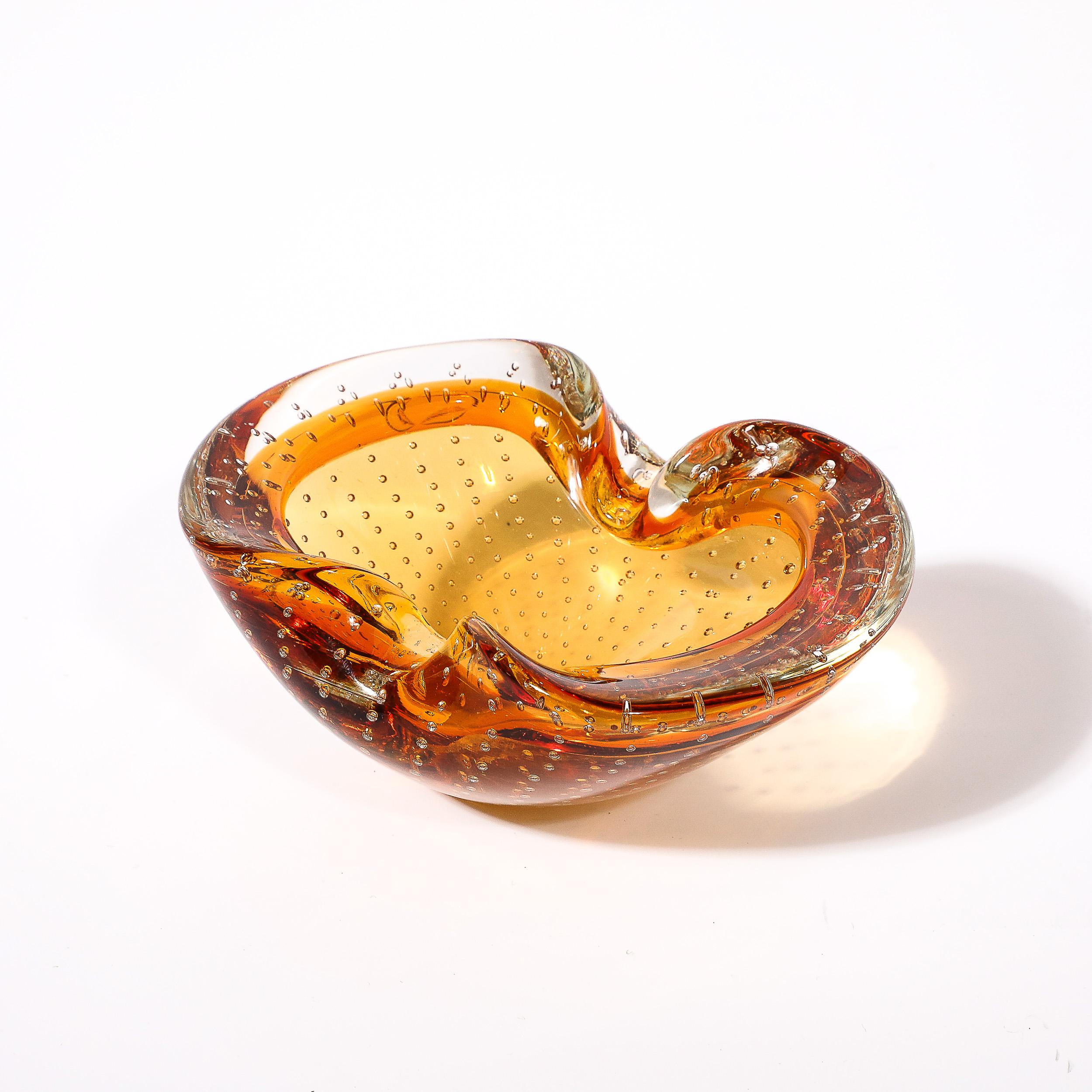 Italian Mid-Century Modernist Amber Hand-Blown Murano Glass Dish w/ Bullicante Detailing For Sale