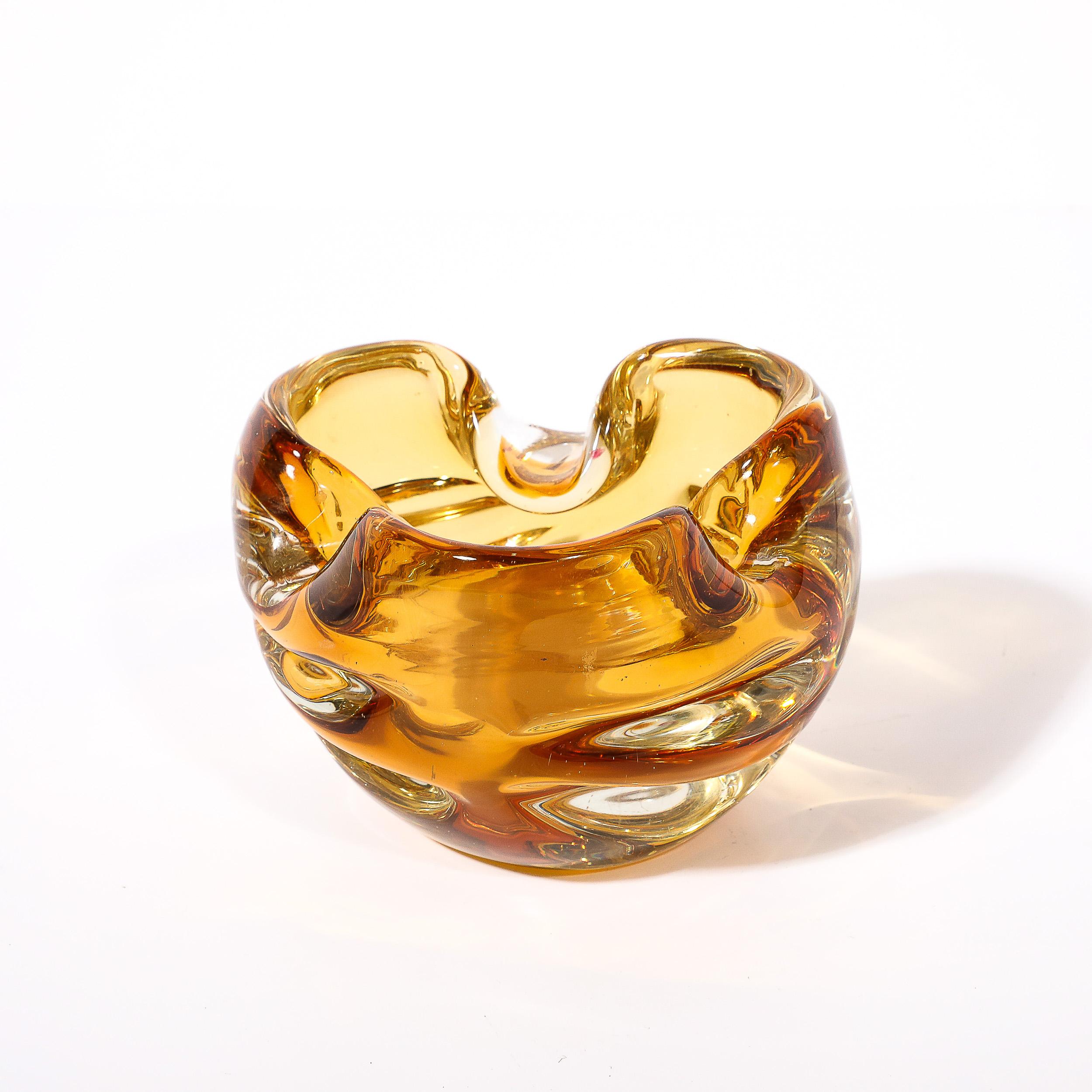 Italian Mid-Century Modernist Amber Hand-Blown Murano Glass Dish w/ Indented Detailing For Sale