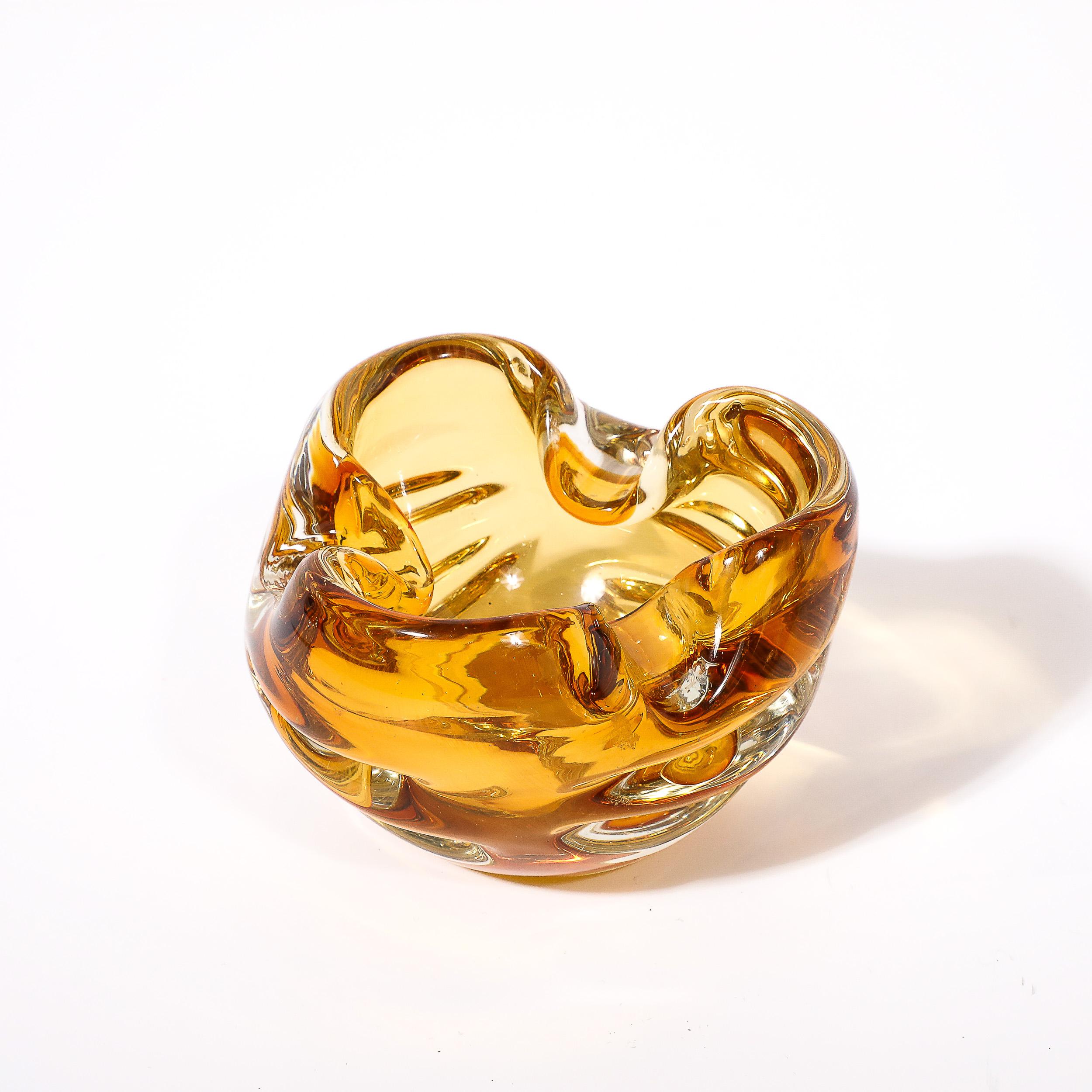 Mid-20th Century Mid-Century Modernist Amber Hand-Blown Murano Glass Dish w/ Indented Detailing For Sale