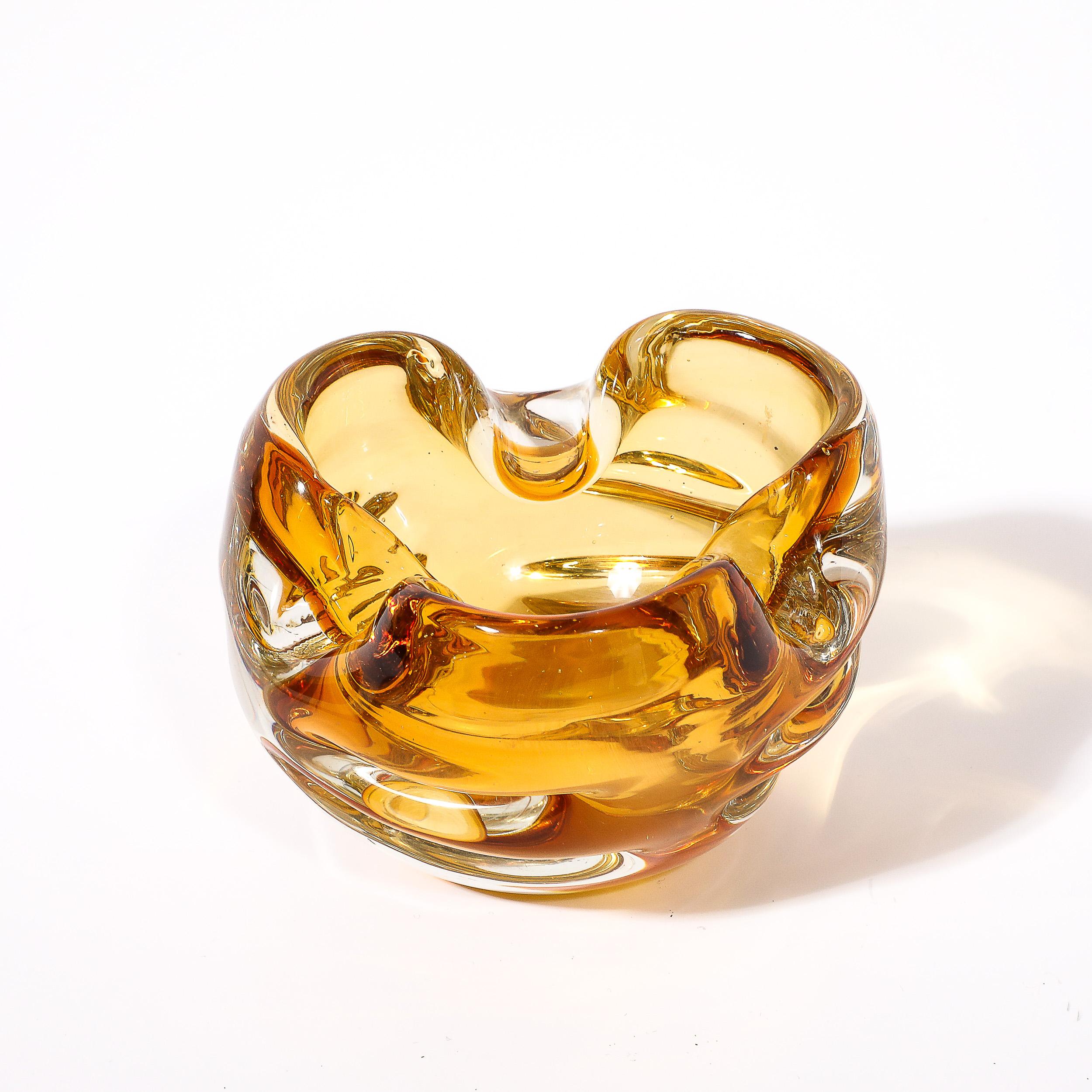 Mid-Century Modernist Amber Hand-Blown Murano Glass Dish w/ Indented Detailing For Sale 1