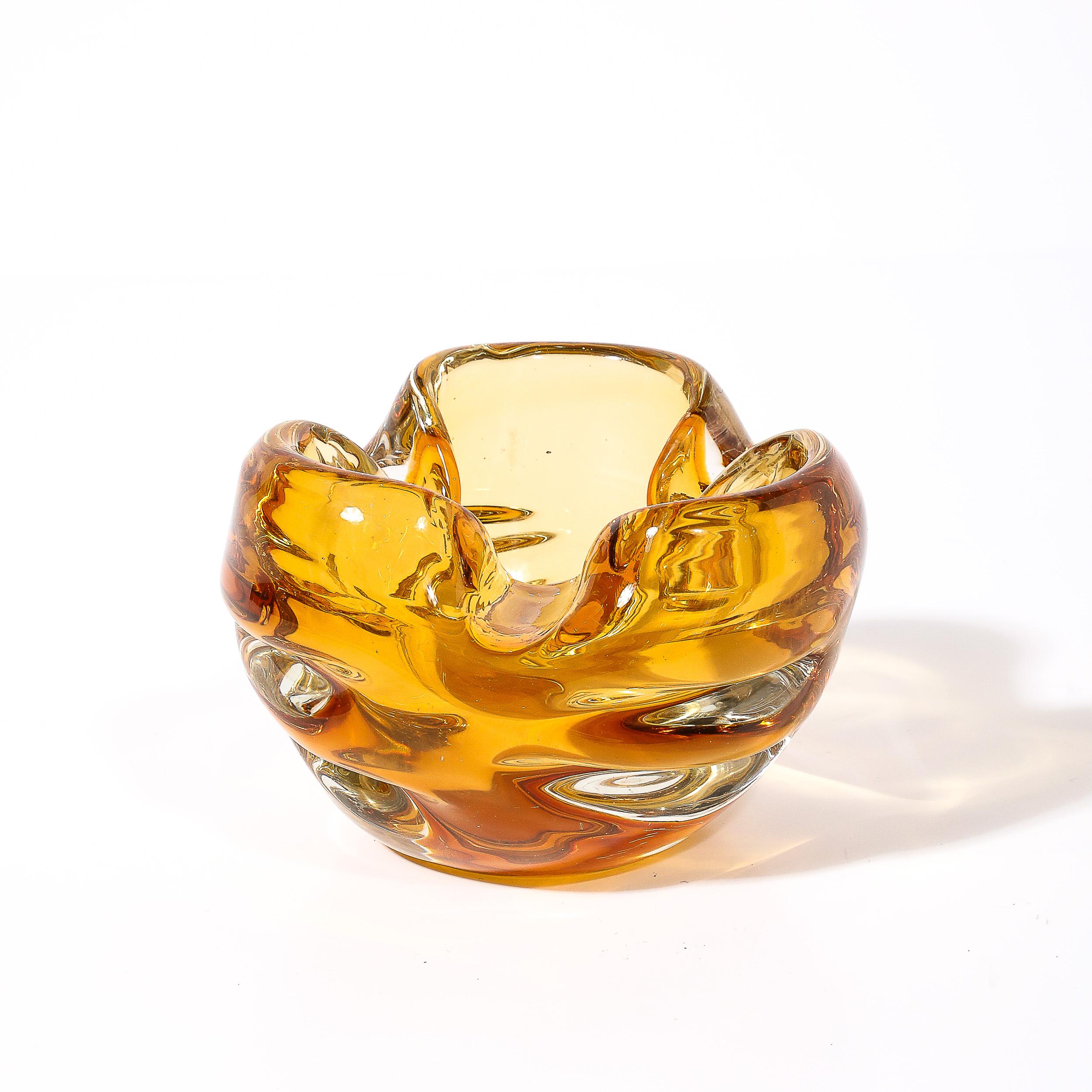 Mid-Century Modernist Amber Hand-Blown Murano Glass Dish w/ Indented Detailing For Sale 2