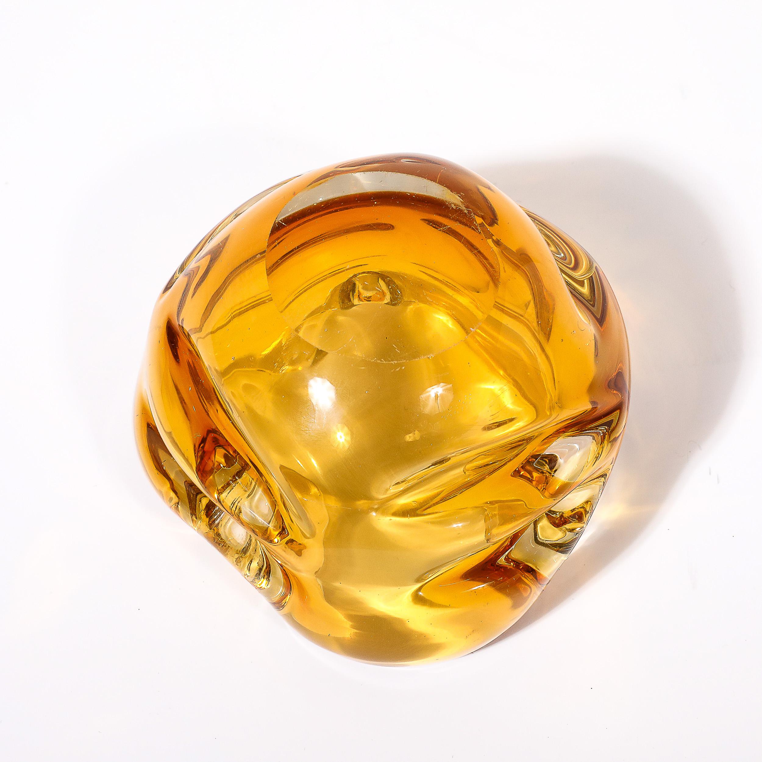 Mid-Century Modernist Amber Hand-Blown Murano Glass Dish w/ Indented Detailing For Sale 3