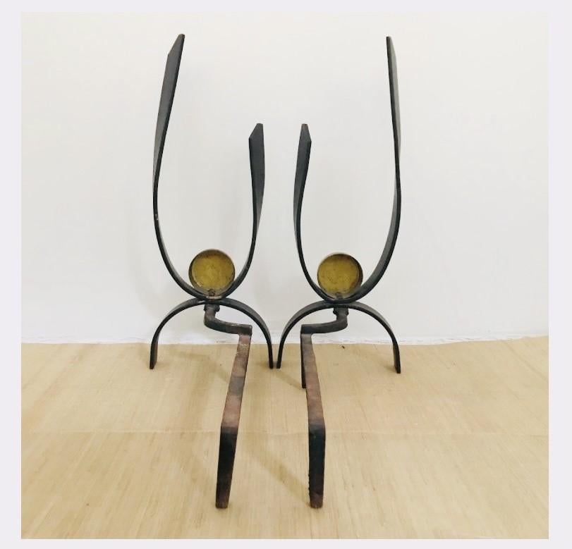 American Mid-Century Modernist Andiron Pair by Donald Deskey For Sale