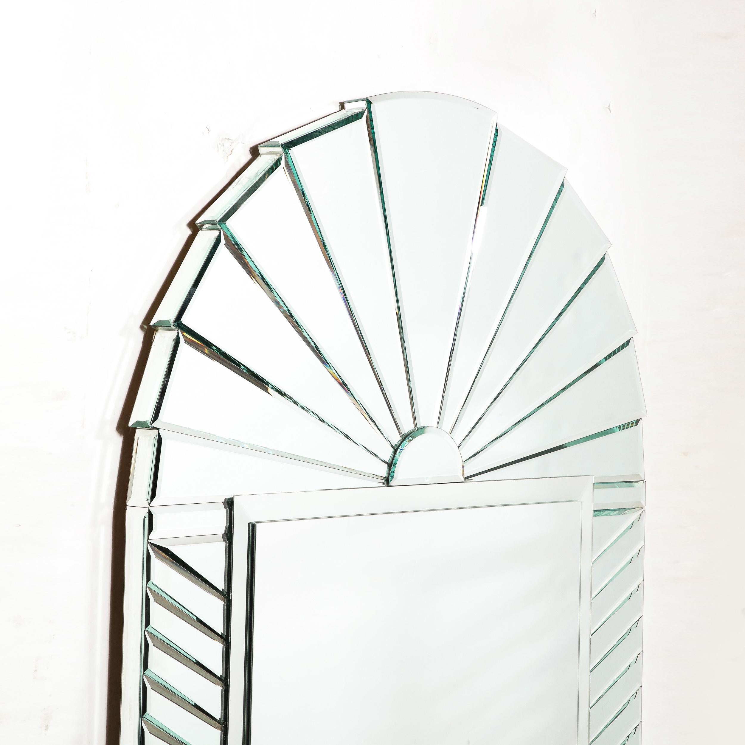 Late 20th Century Mid-Century Modernist Arch Form Beveled & Directionally Tessellate Panel Mirror For Sale