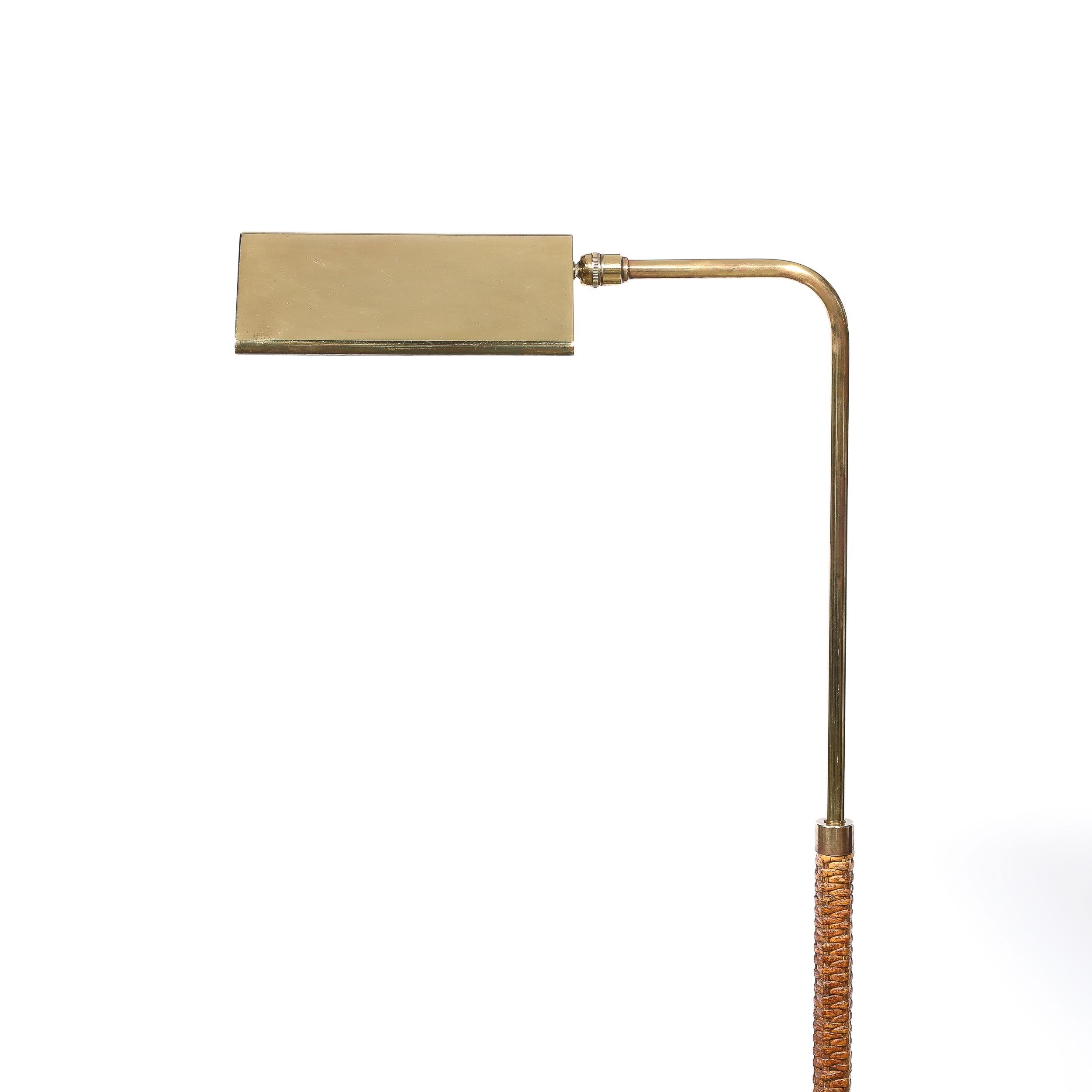 American Mid-Century Modernist Articulating Polished Brass and Ratan Wrapped Floor Lamp For Sale