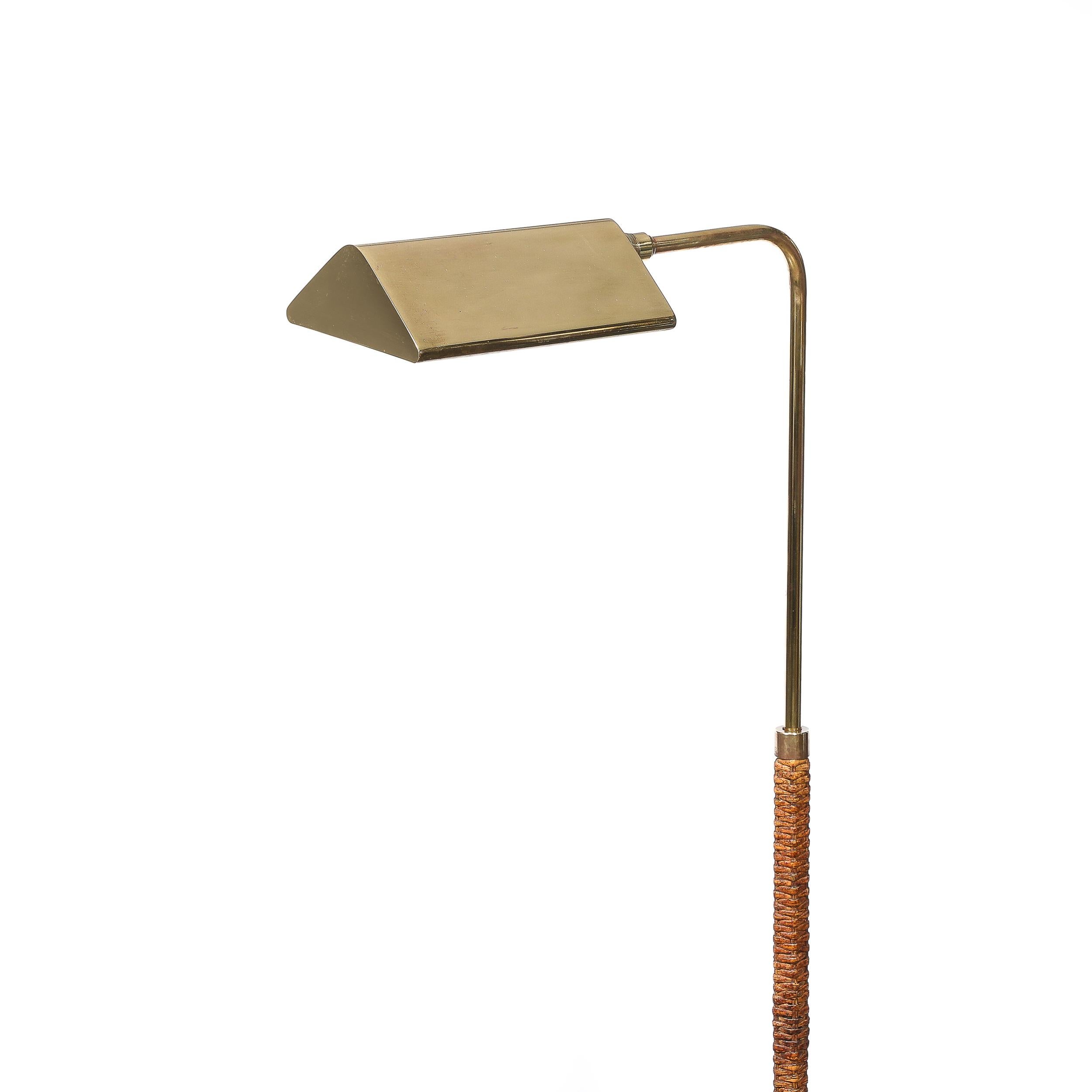 Late 20th Century Mid-Century Modernist Articulating Polished Brass and Ratan Wrapped Floor Lamp For Sale