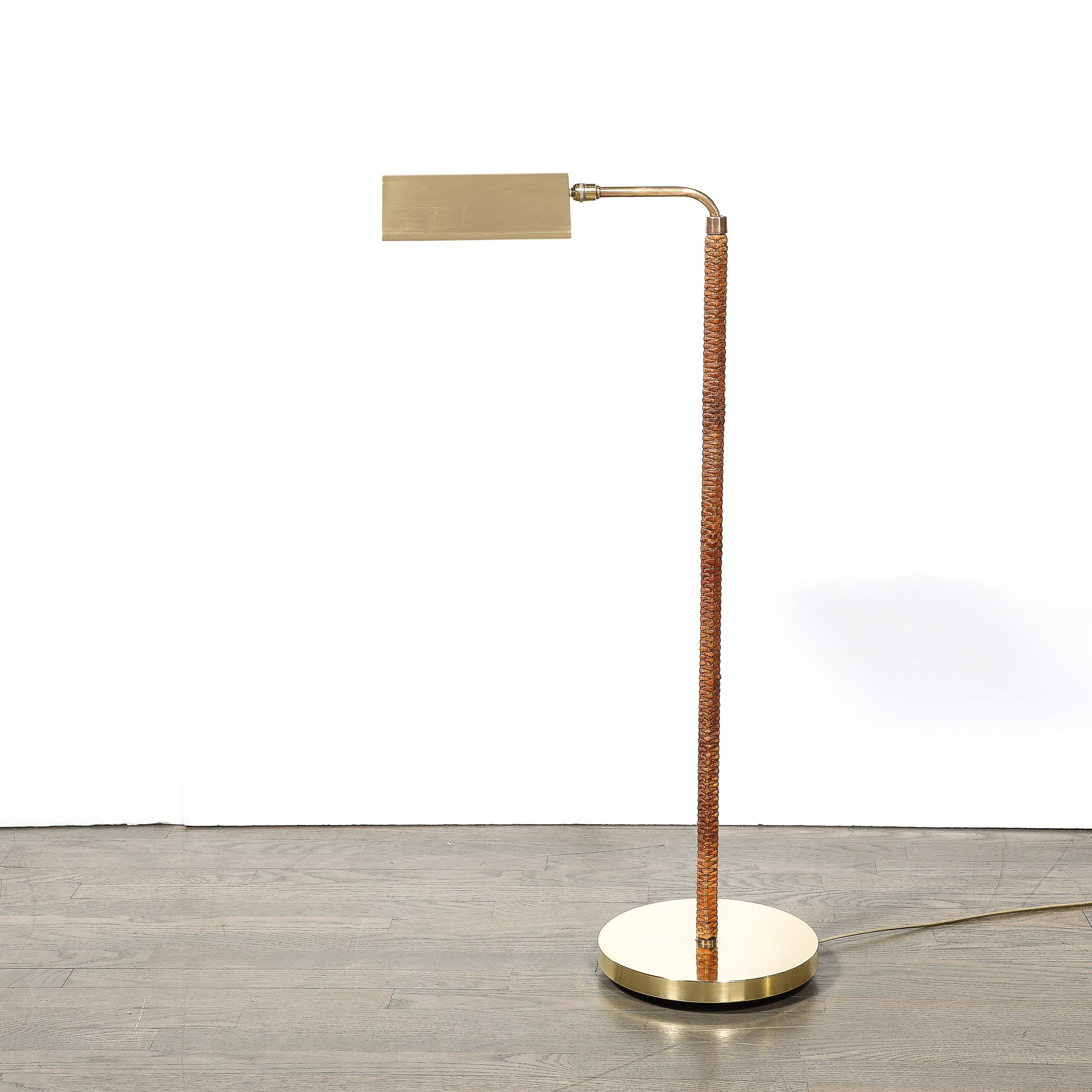 Mid-Century Modernist Articulating Polished Brass and Ratan Wrapped Floor Lamp For Sale 1