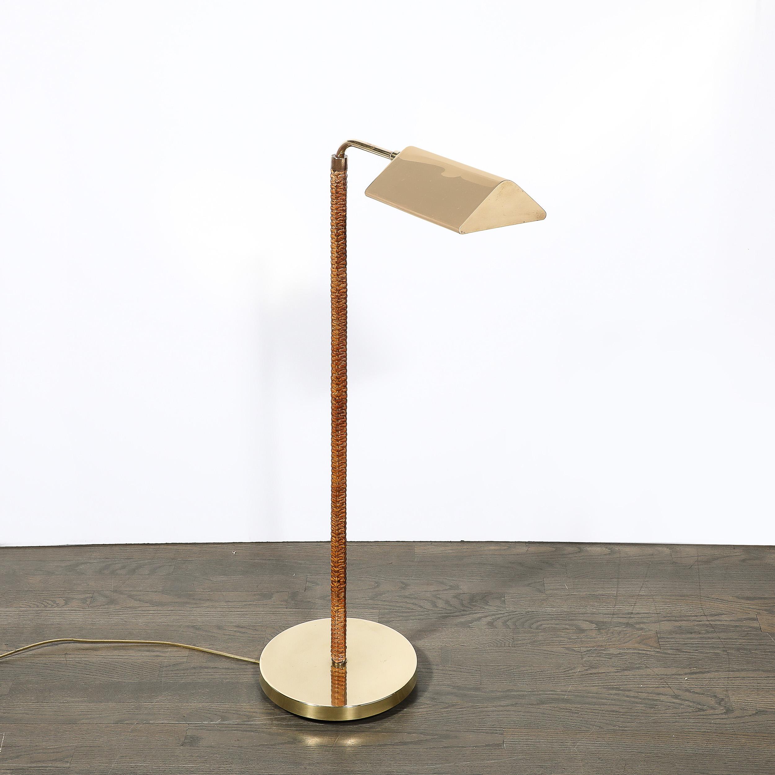 Mid-Century Modernist Articulating Polished Brass and Ratan Wrapped Floor Lamp For Sale 3