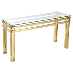 Vintage Mid-Century Modernist Banded Brass Console Table with Column Supports 
