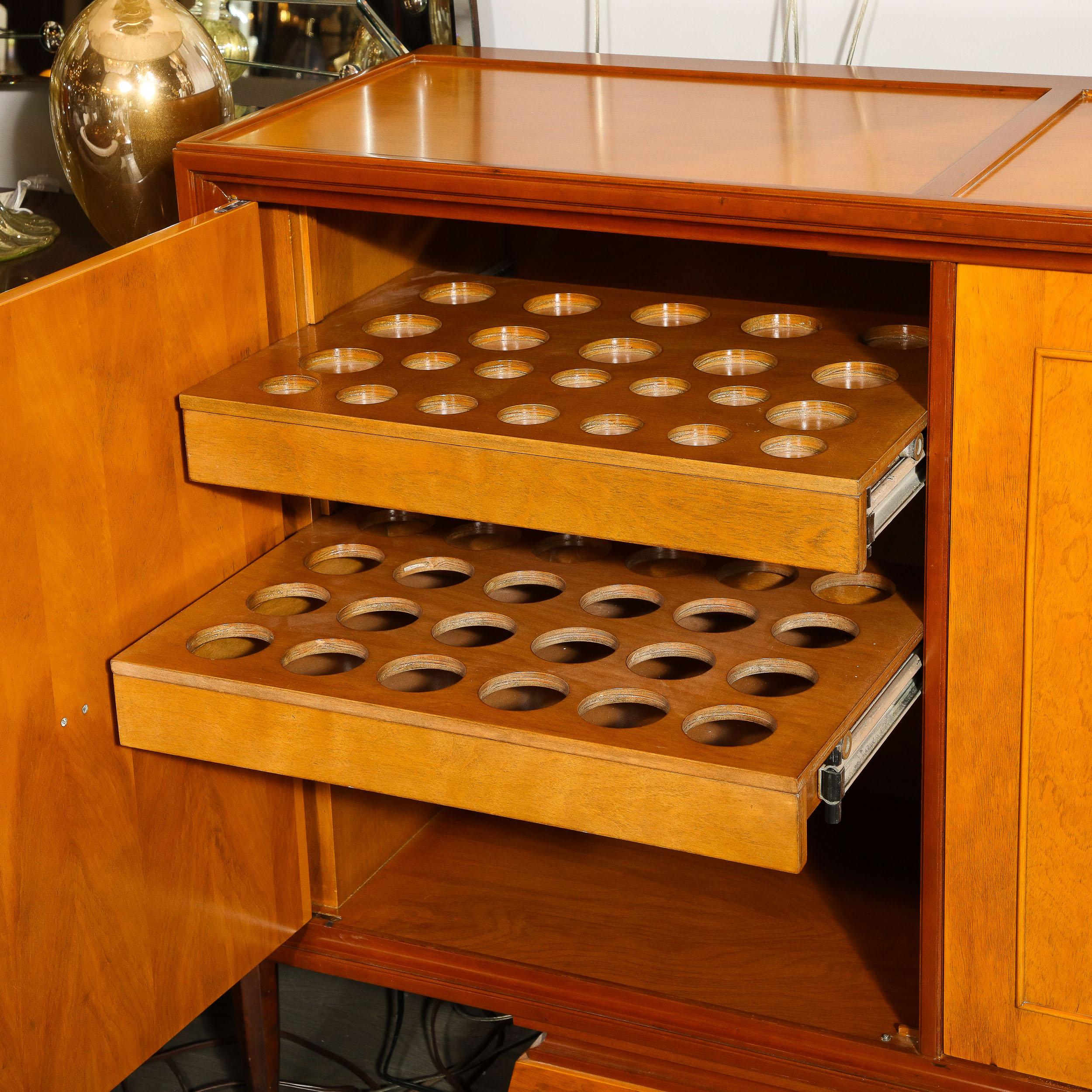 Mid-Century Modernist Bar Cabinet in Book-Matched Walnut with Inset Glass Pulls For Sale 11