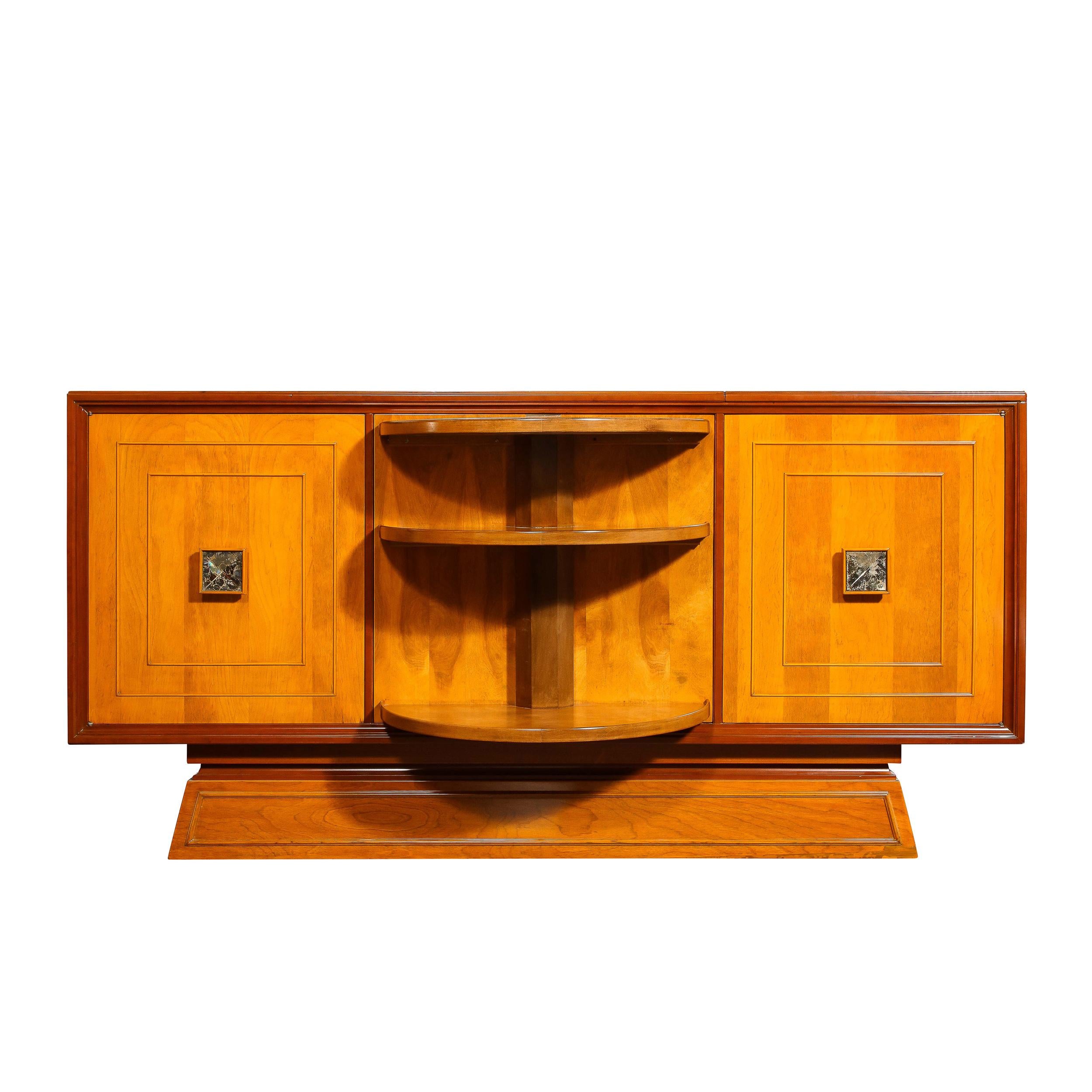 French Mid-Century Modernist Bar Cabinet in Book-Matched Walnut with Inset Glass Pulls For Sale