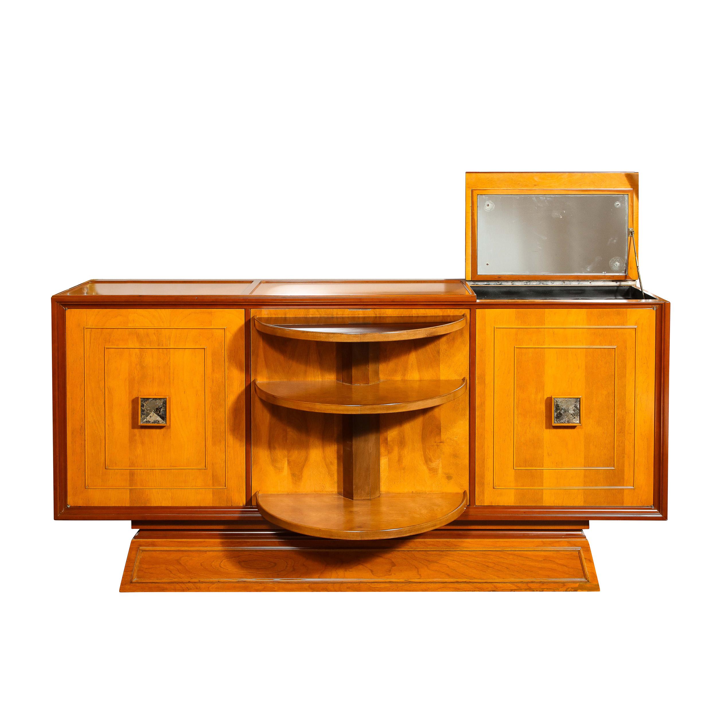 Mid-Century Modernist Bar Cabinet in Book-Matched Walnut with Inset Glass Pulls In Excellent Condition For Sale In New York, NY