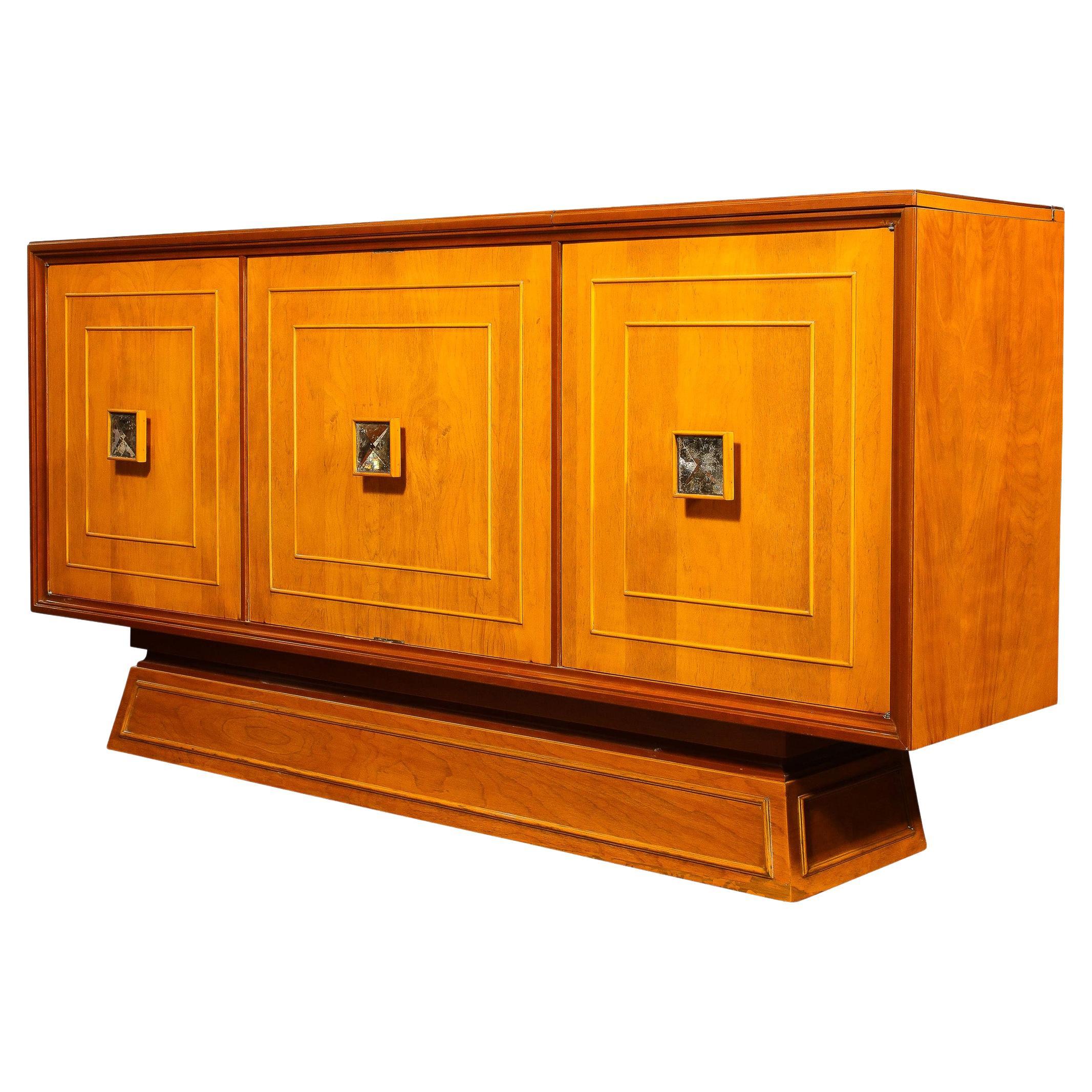 Mid-Century Modernist Bar Cabinet in Book-Matched Walnut with Inset Glass Pulls For Sale