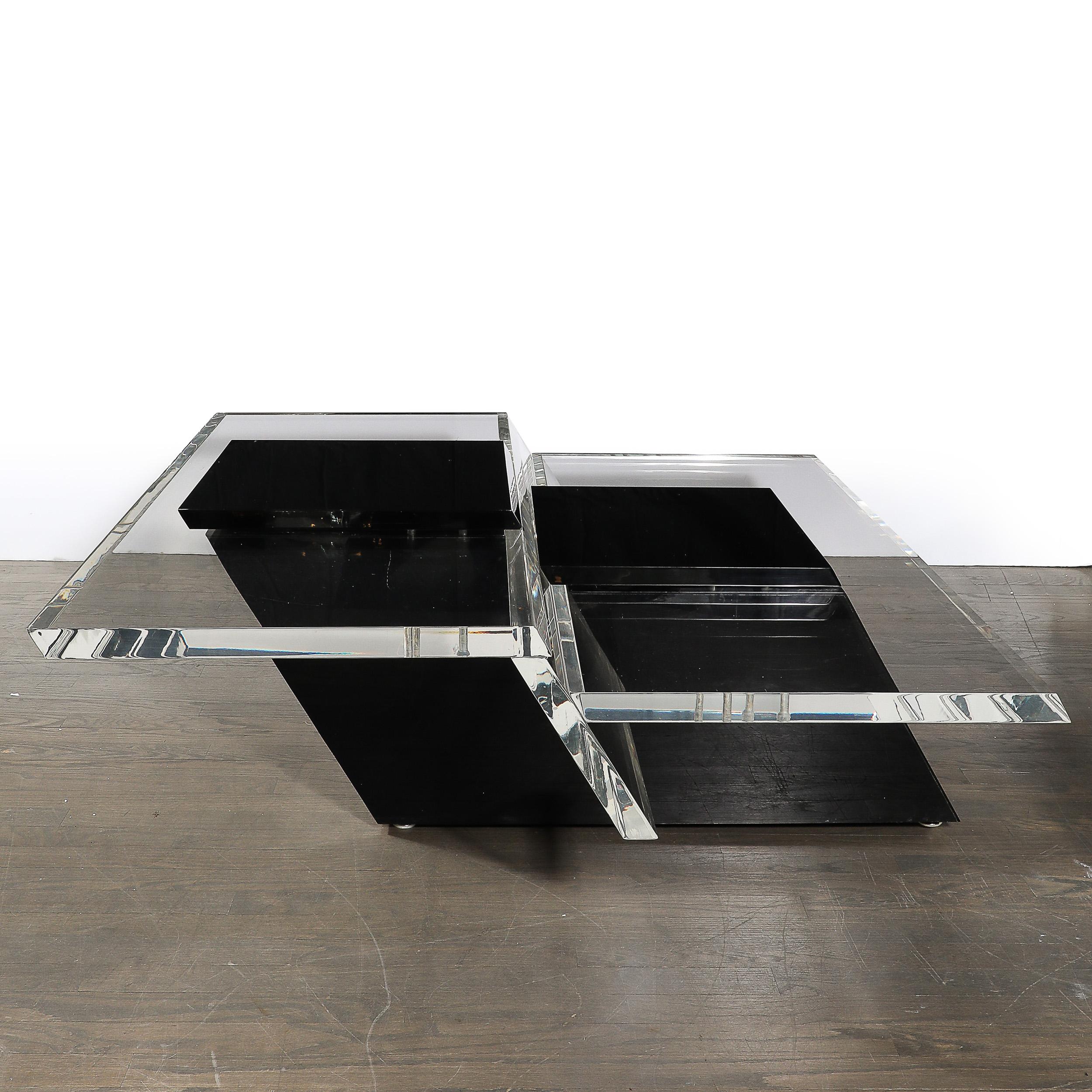 American Mid-Century Modernist Black & Clear Lucite Two-Level Rectilinear Cocktail Table For Sale