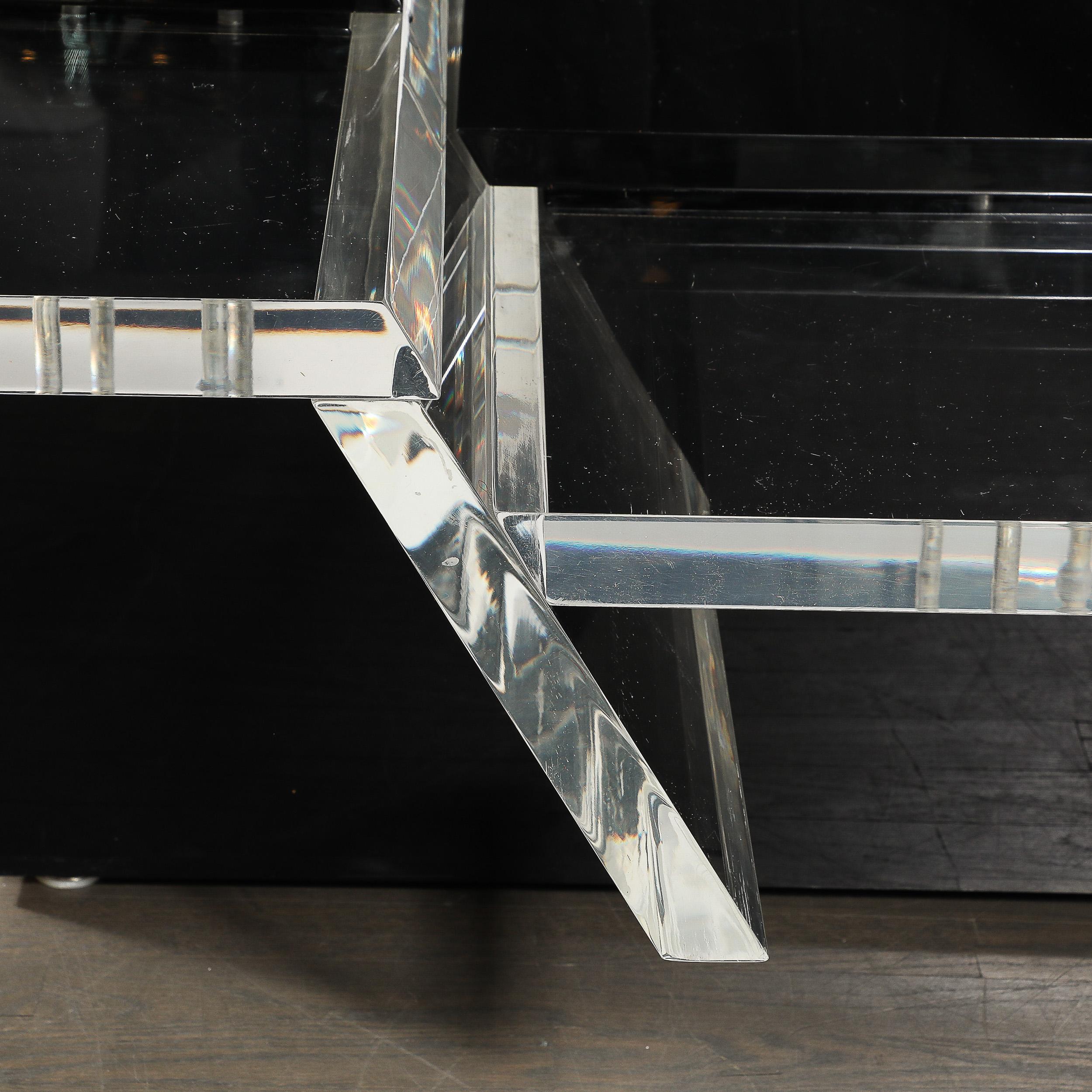 Mid-Century Modernist Black & Clear Lucite Two-Level Rectilinear Cocktail Table In Good Condition For Sale In New York, NY