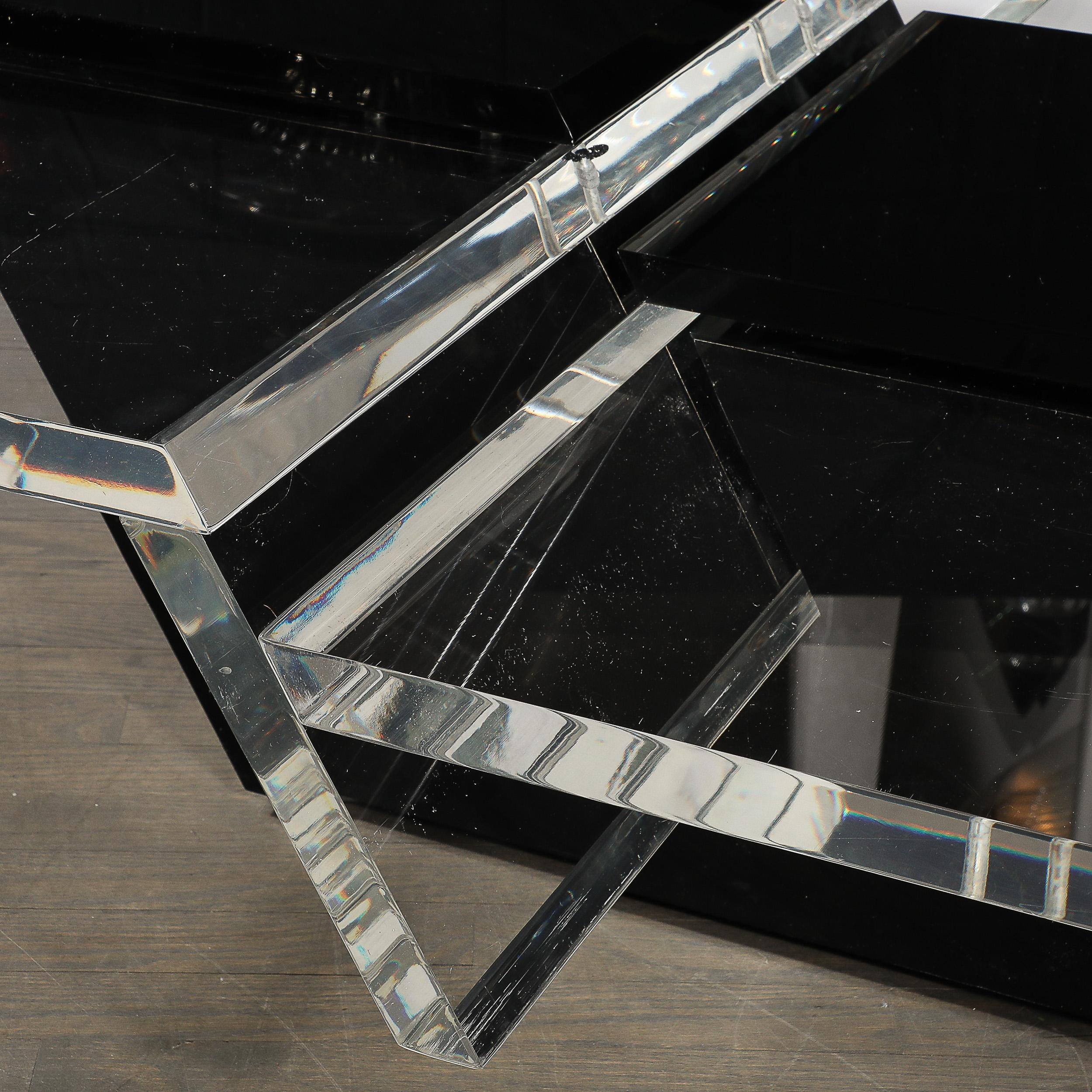 Late 20th Century Mid-Century Modernist Black & Clear Lucite Two-Level Rectilinear Cocktail Table For Sale