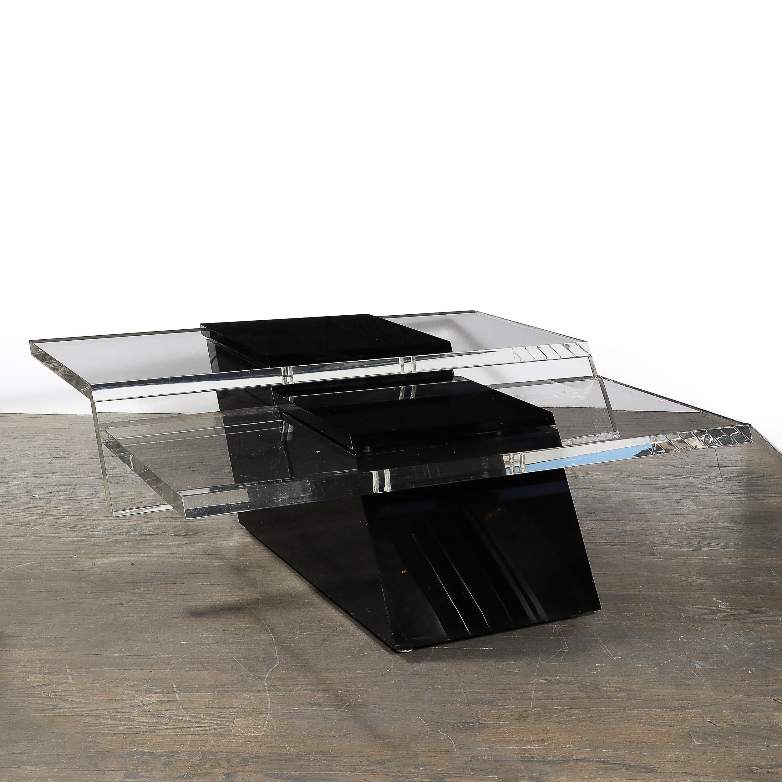 Mid-Century Modernist Black & Clear Lucite Two-Level Rectilinear Cocktail Table For Sale 1