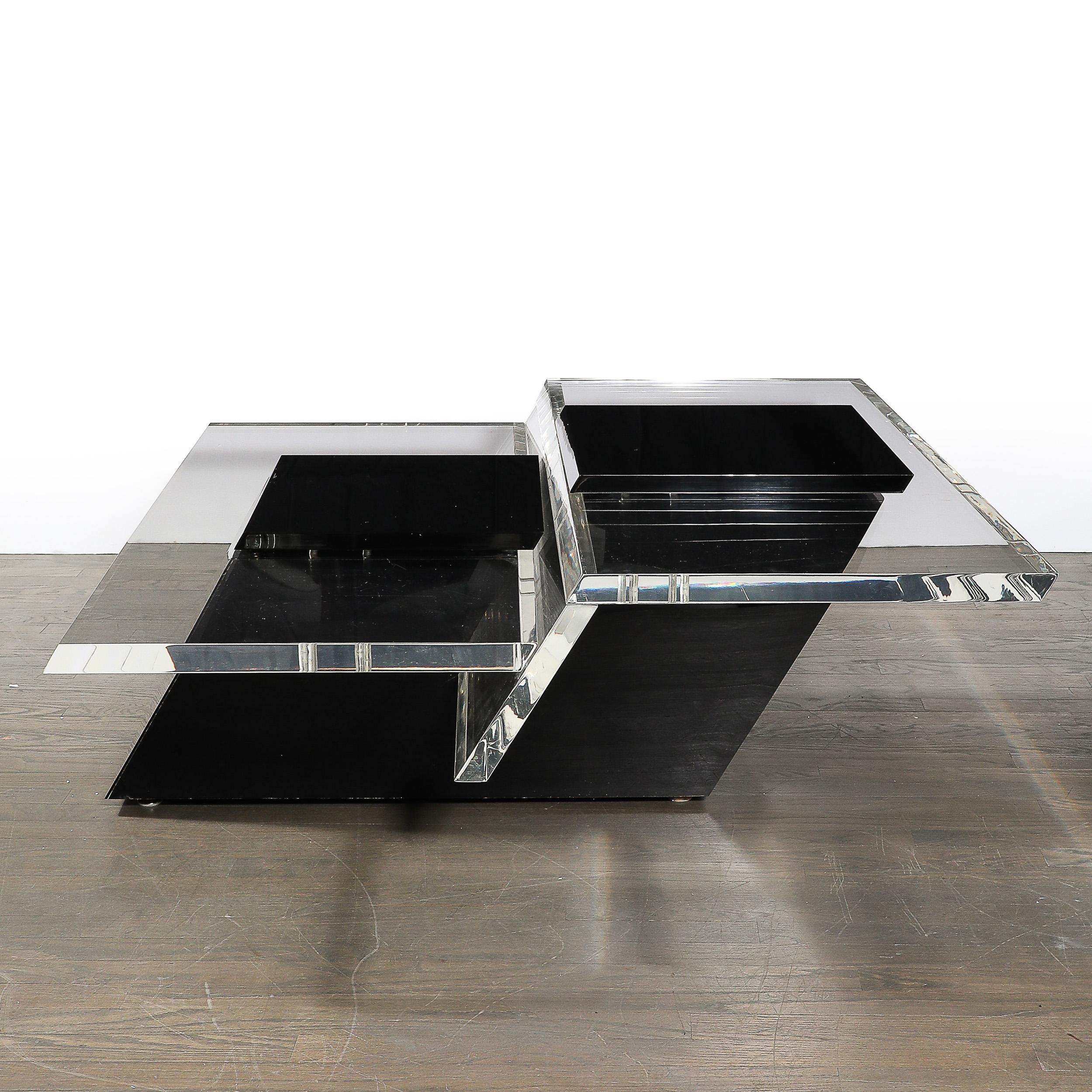 Mid-Century Modernist Black & Clear Lucite Two-Level Rectilinear Cocktail Table For Sale 2