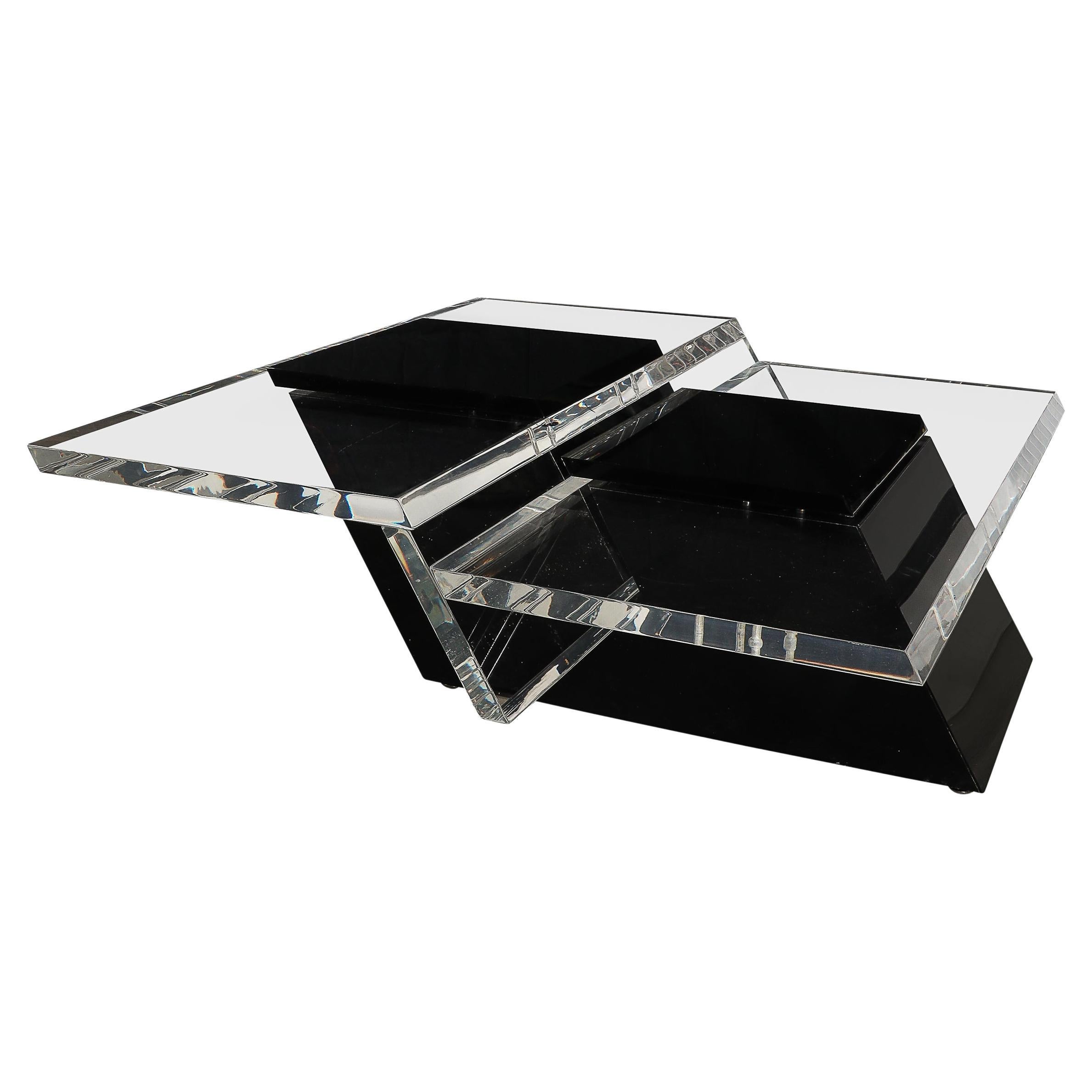 Mid-Century Modernist Black & Clear Lucite Two-Level Rectilinear Cocktail Table For Sale