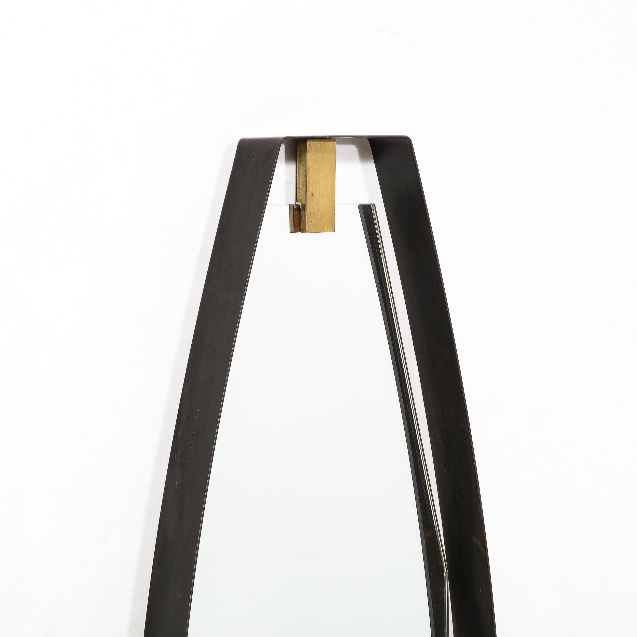 Mid-Century Modernist Black Enameled Bronze Frame & Brushed Brass Mirror For Sale 1