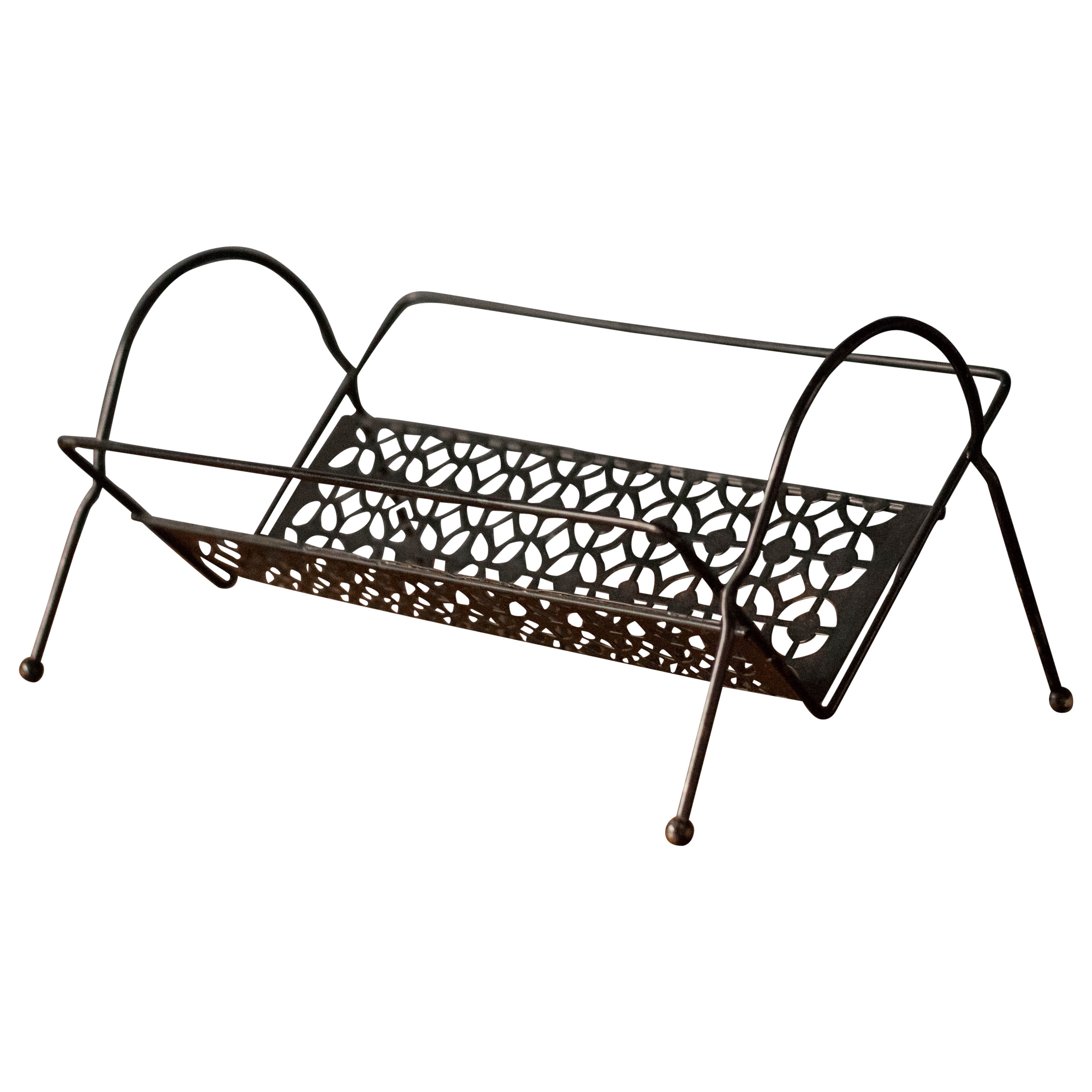 Mid Century Modernist Black Metal Magazine Rack LP Record Holder For Sale