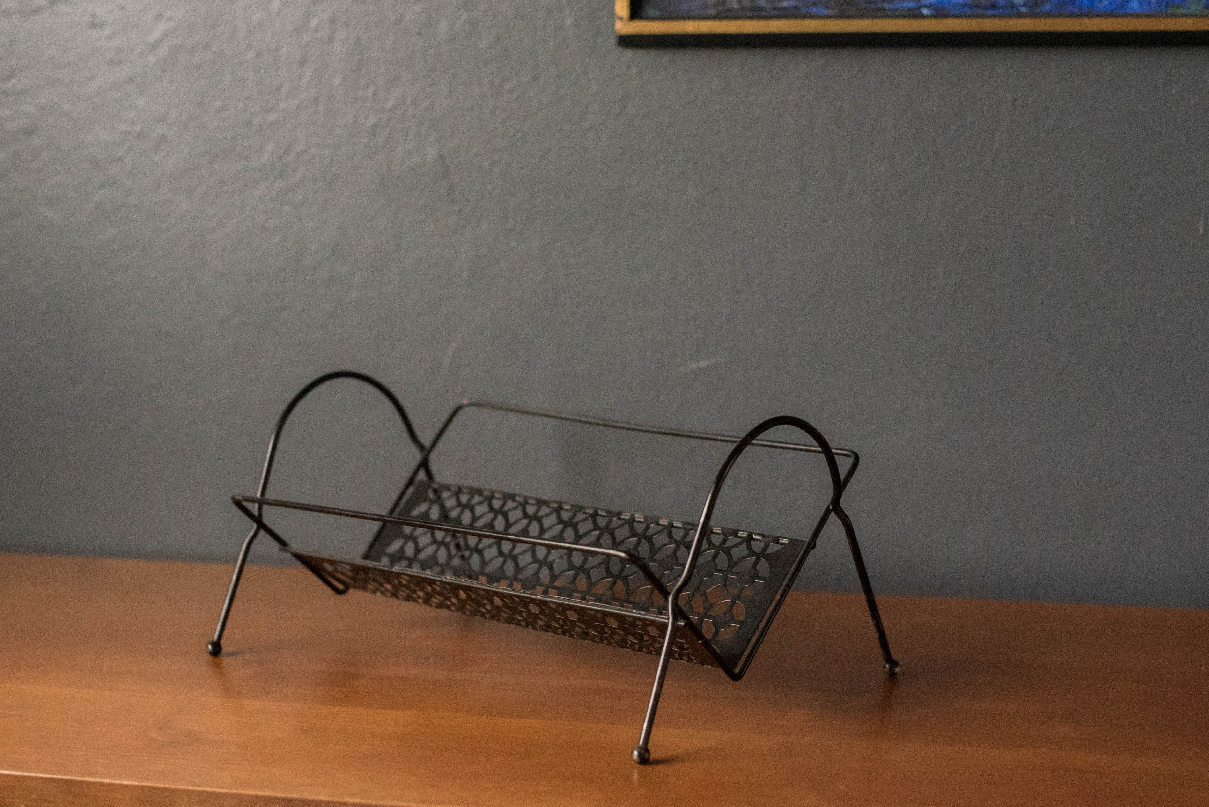 Mid Century Modernist Black Metal Magazine Rack LP Record Holder For Sale